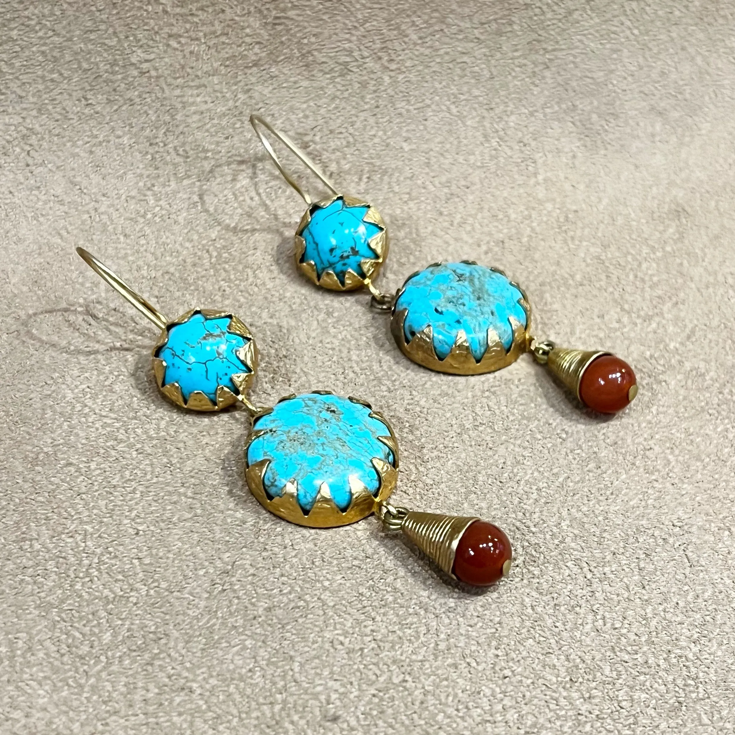 Etruscan style turquoise and carnelian gold drop earrings