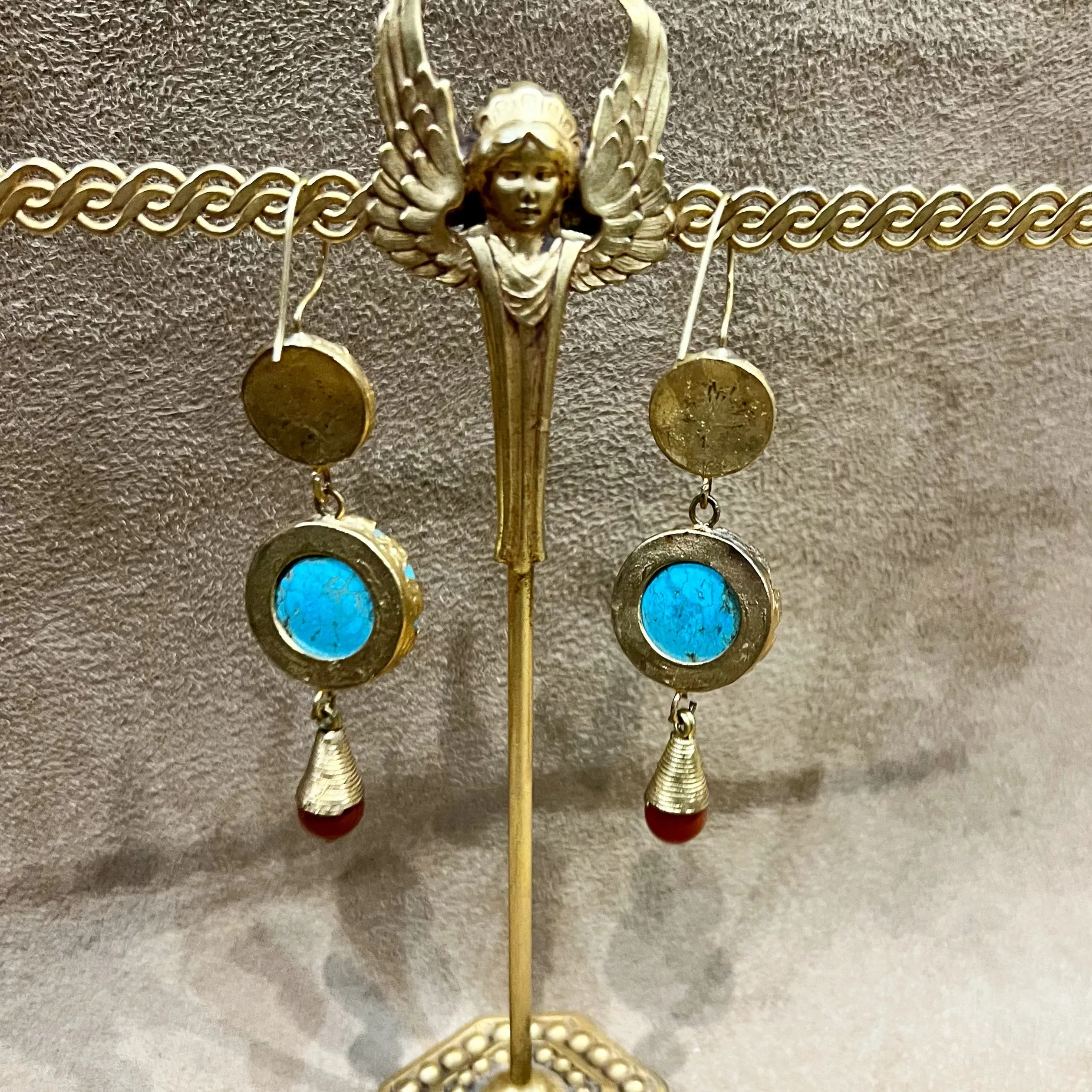 Etruscan style turquoise and carnelian gold drop earrings