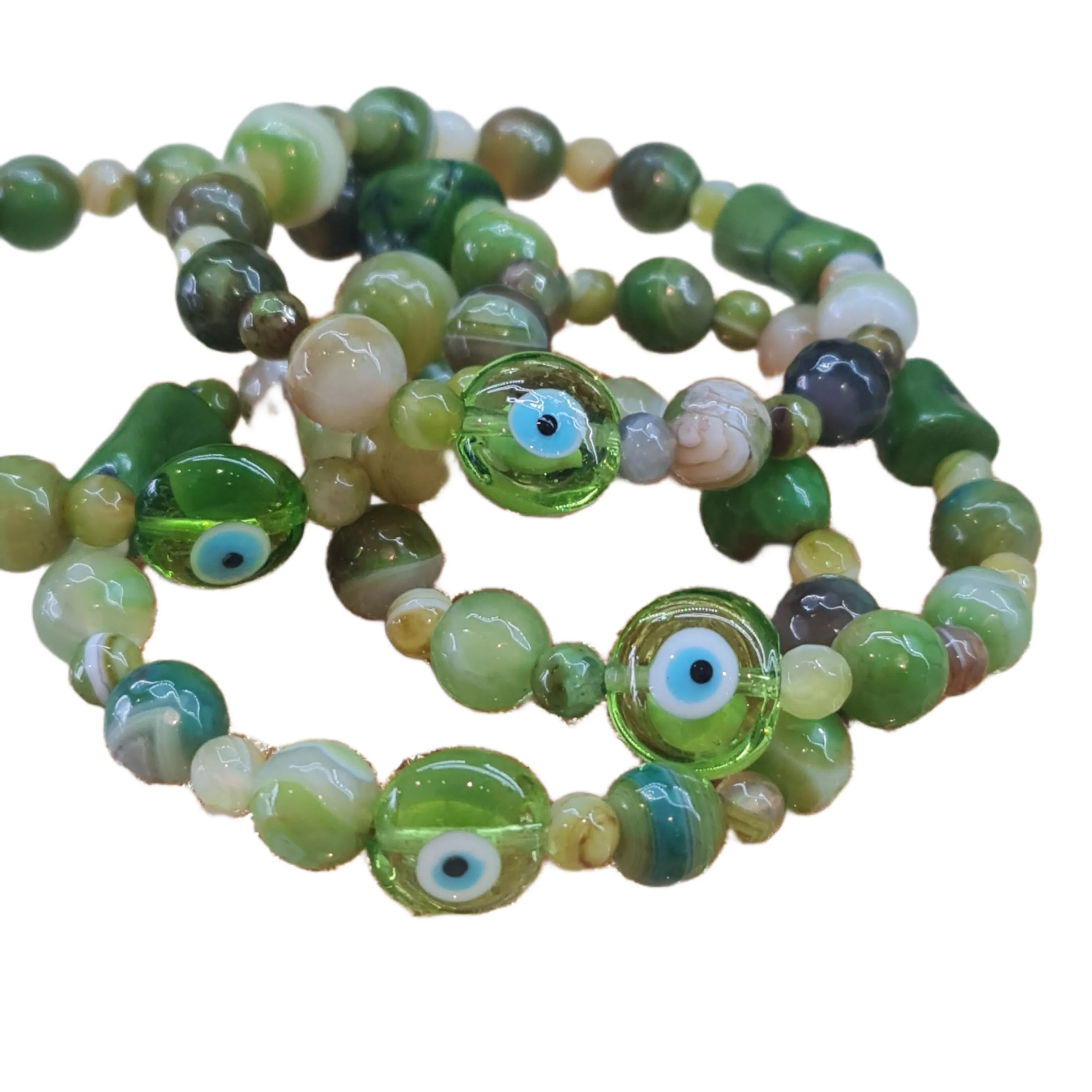 Evil Eye Green Agate, Bamboo Coral stone bracelet