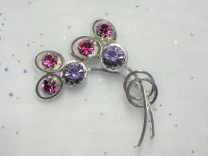 FABULOUS Vintage Continental Floral Spray Brooch, Faceted Fuchsia Purple Glass Stones, Silver Tone Metal, Unique Design, Mid Century Jewelry