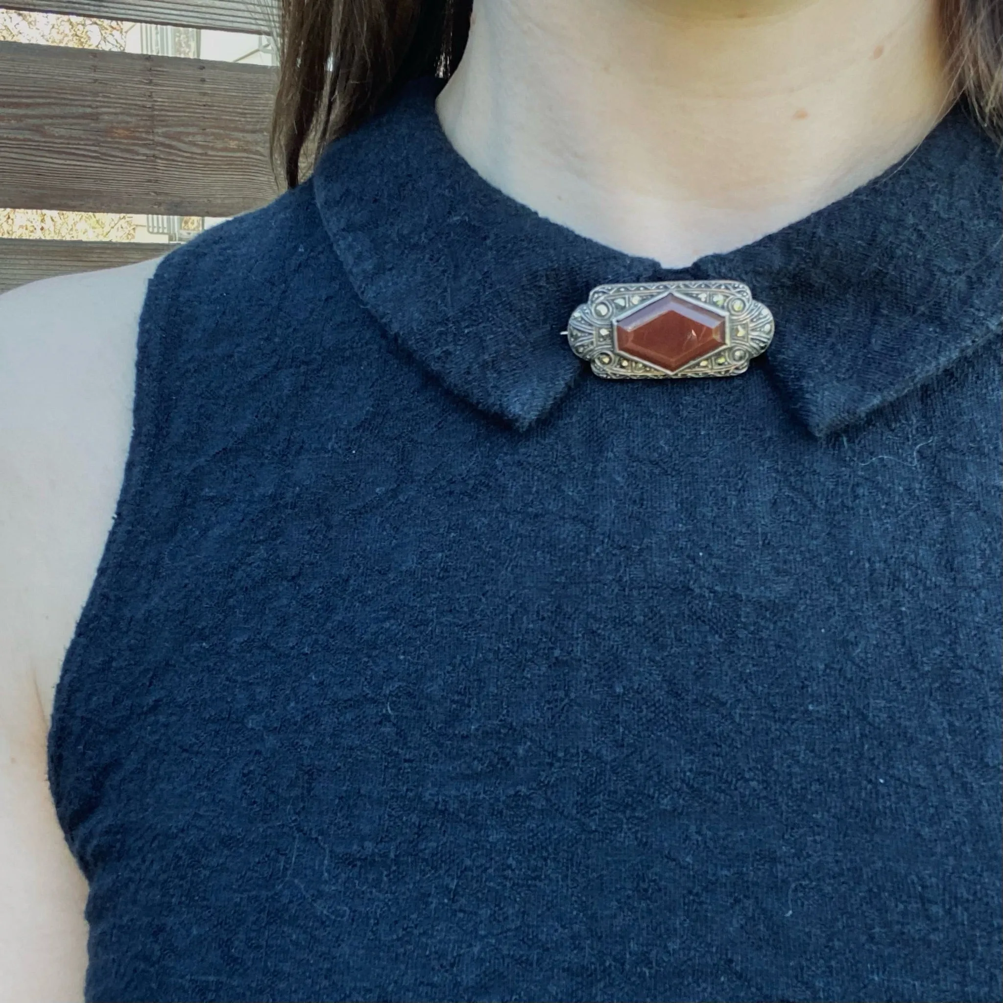 German Deco Silver Brooch with Carnelian & Marcasite