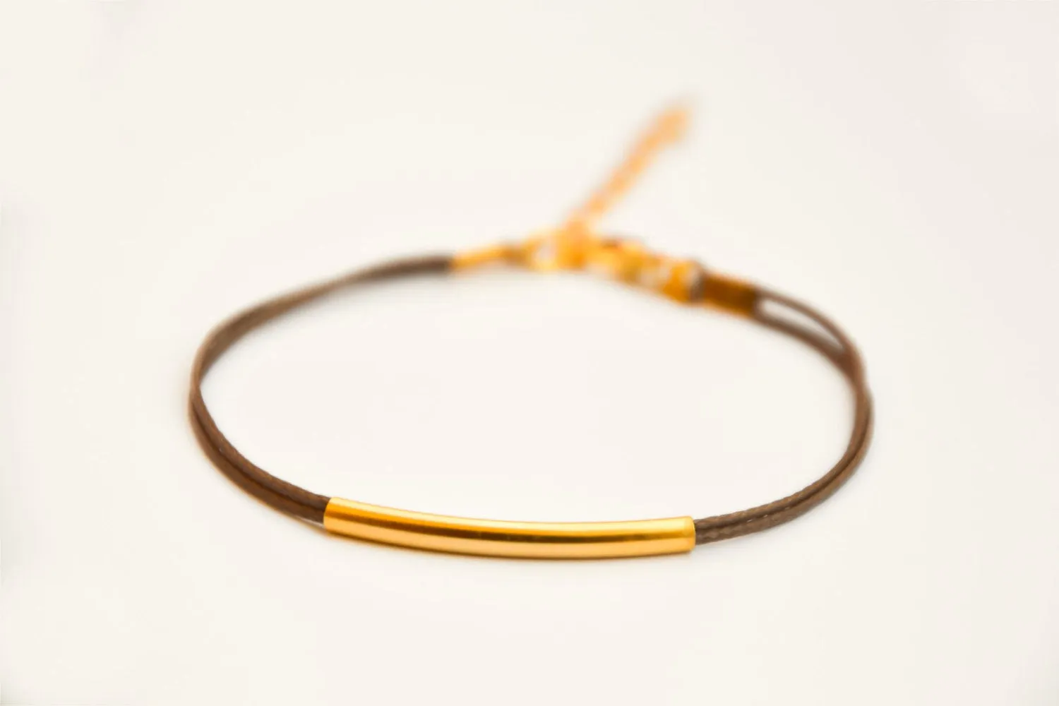 Gold bar bracelet, brown cord, handmade minimalist gift for her