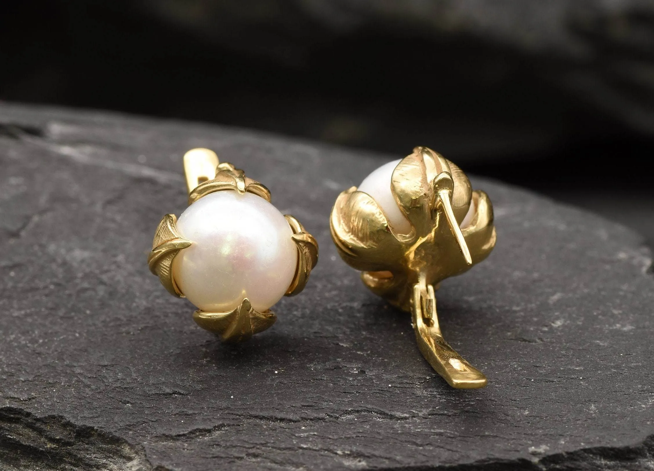 Gold Pearl Earrings - Natural Pearl Leaf Earrings, White Pearl Studs