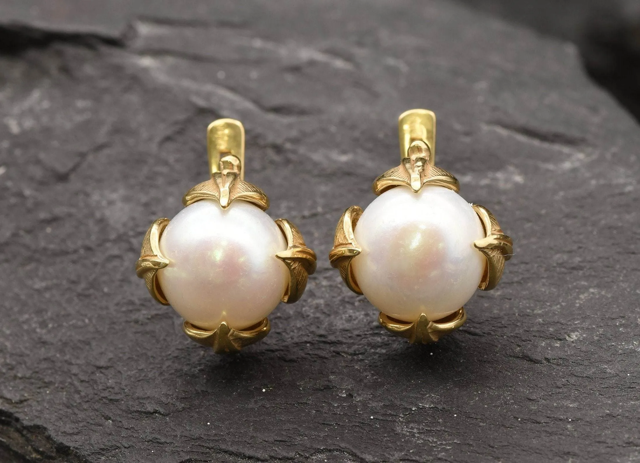 Gold Pearl Earrings - Natural Pearl Leaf Earrings, White Pearl Studs