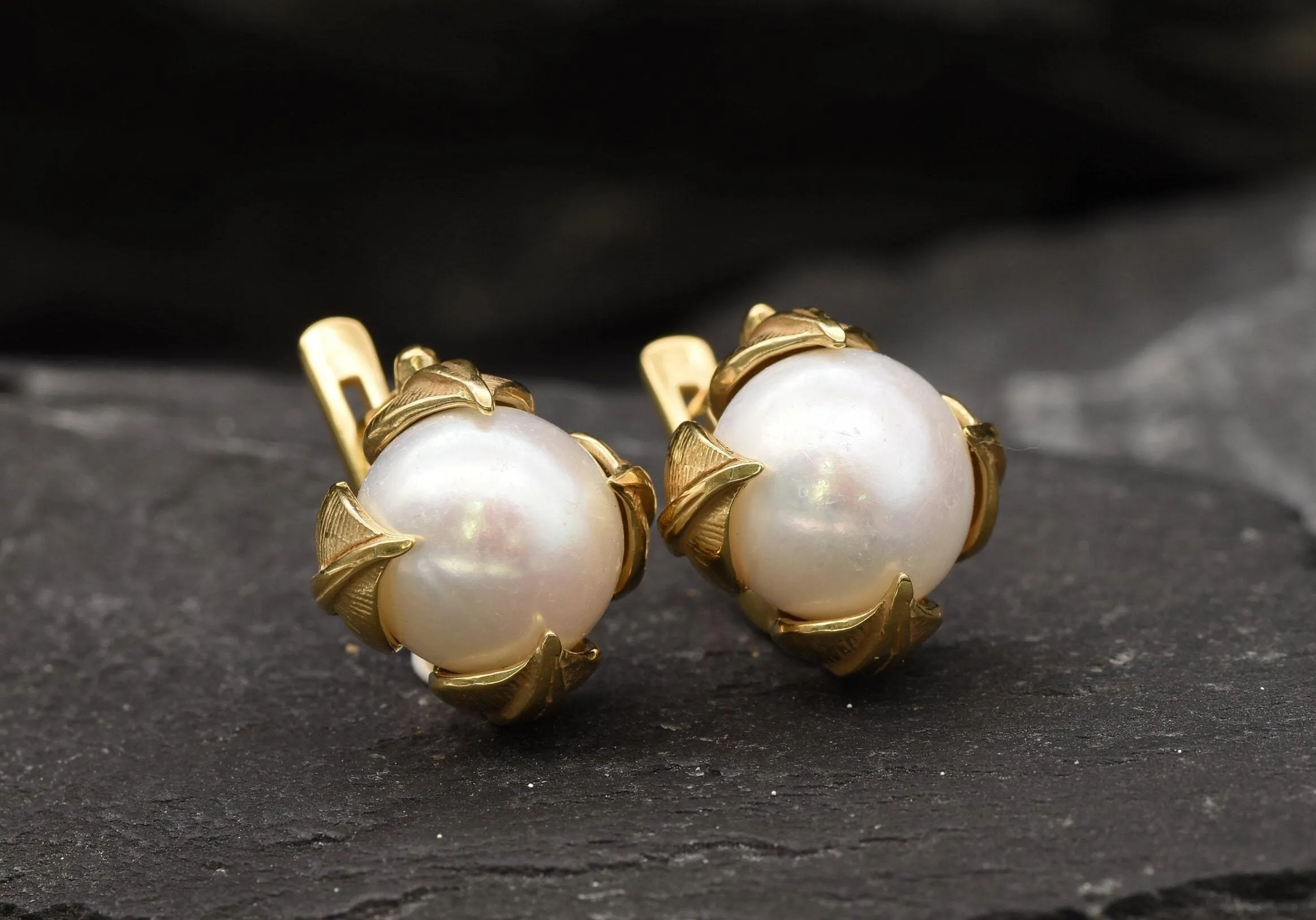 Gold Pearl Earrings - Natural Pearl Leaf Earrings, White Pearl Studs