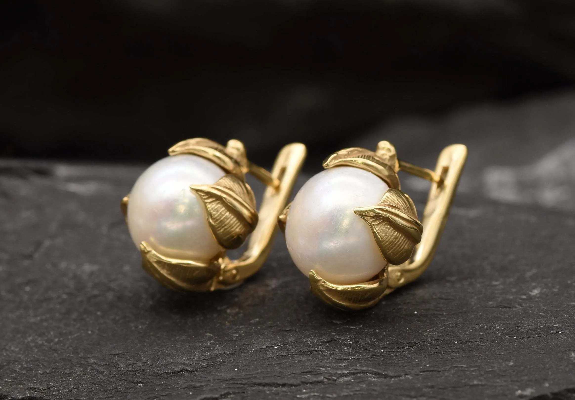 Gold Pearl Earrings - Natural Pearl Leaf Earrings, White Pearl Studs