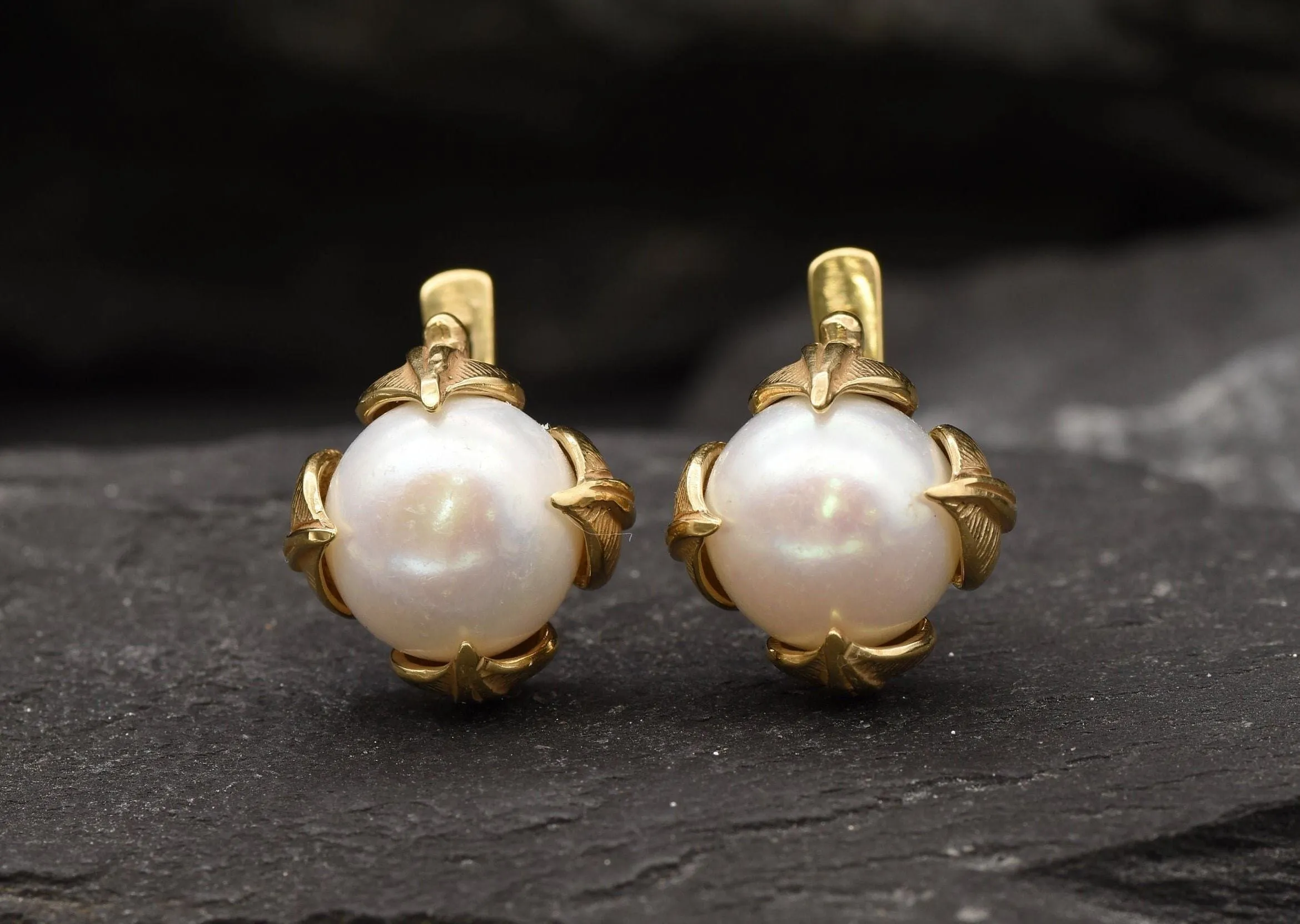 Gold Pearl Earrings - Natural Pearl Leaf Earrings, White Pearl Studs