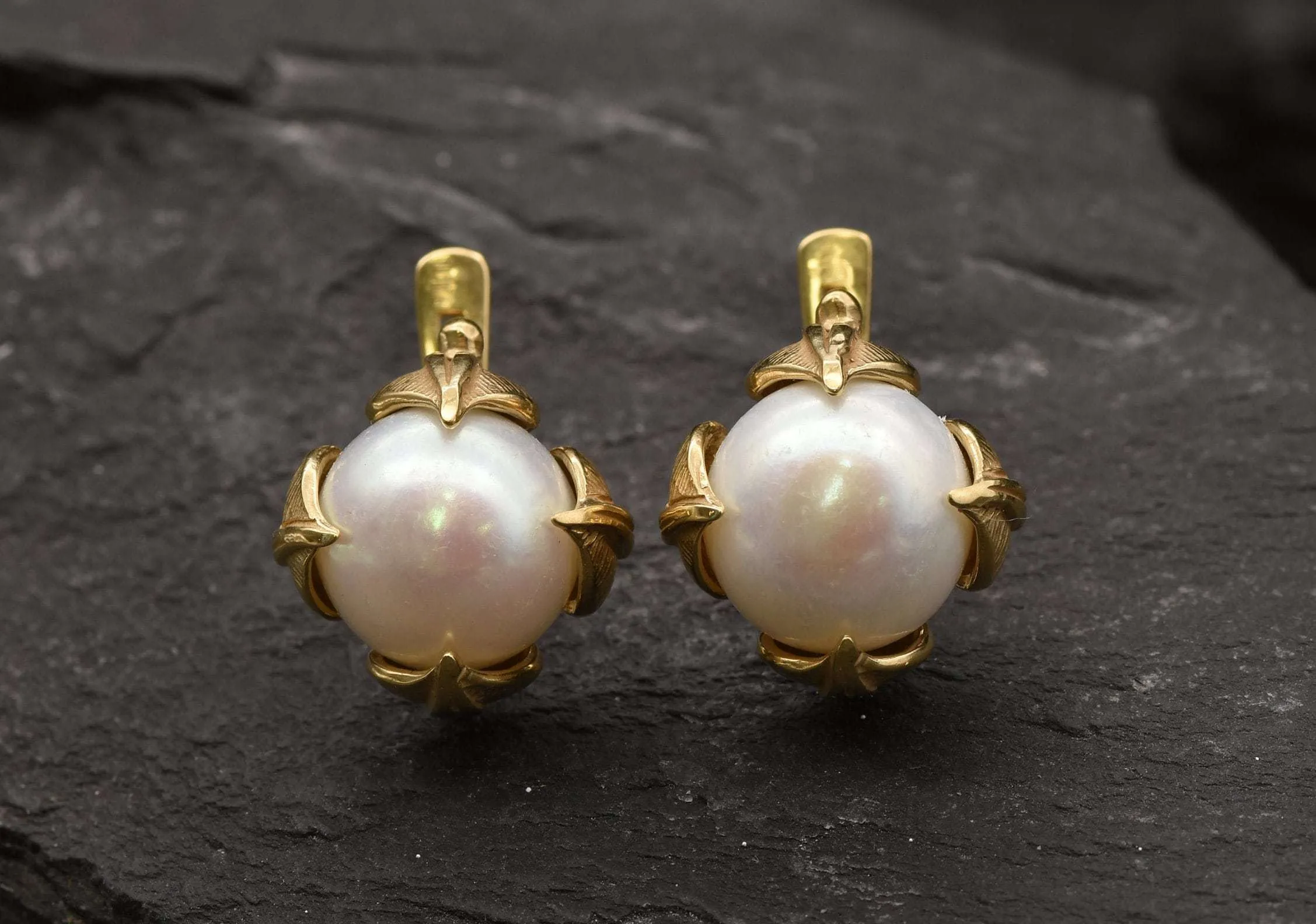 Gold Pearl Earrings - Natural Pearl Leaf Earrings, White Pearl Studs