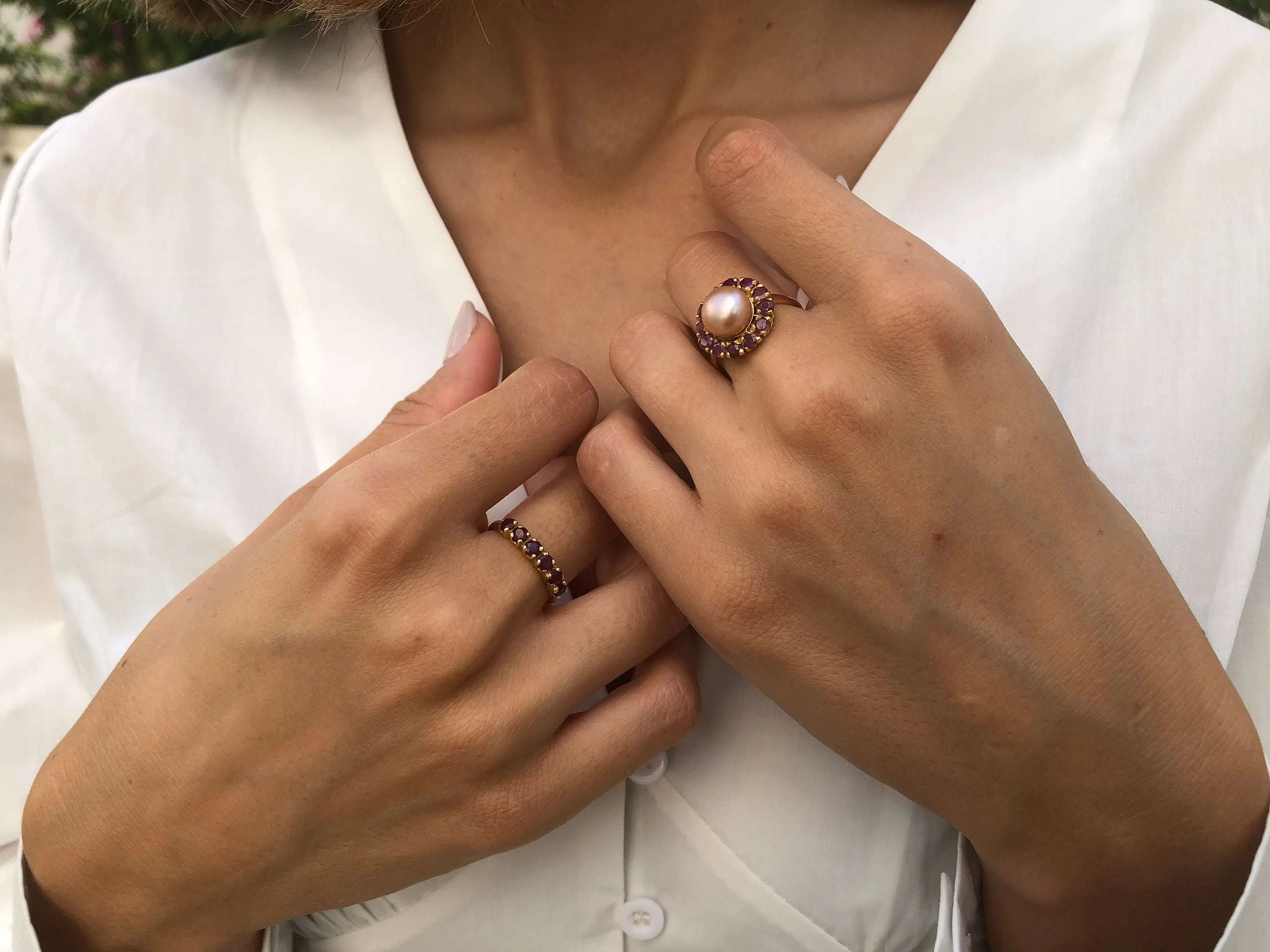 Gold Pearl Ring - Pearl Flower Ring - Natural Ruby Ring