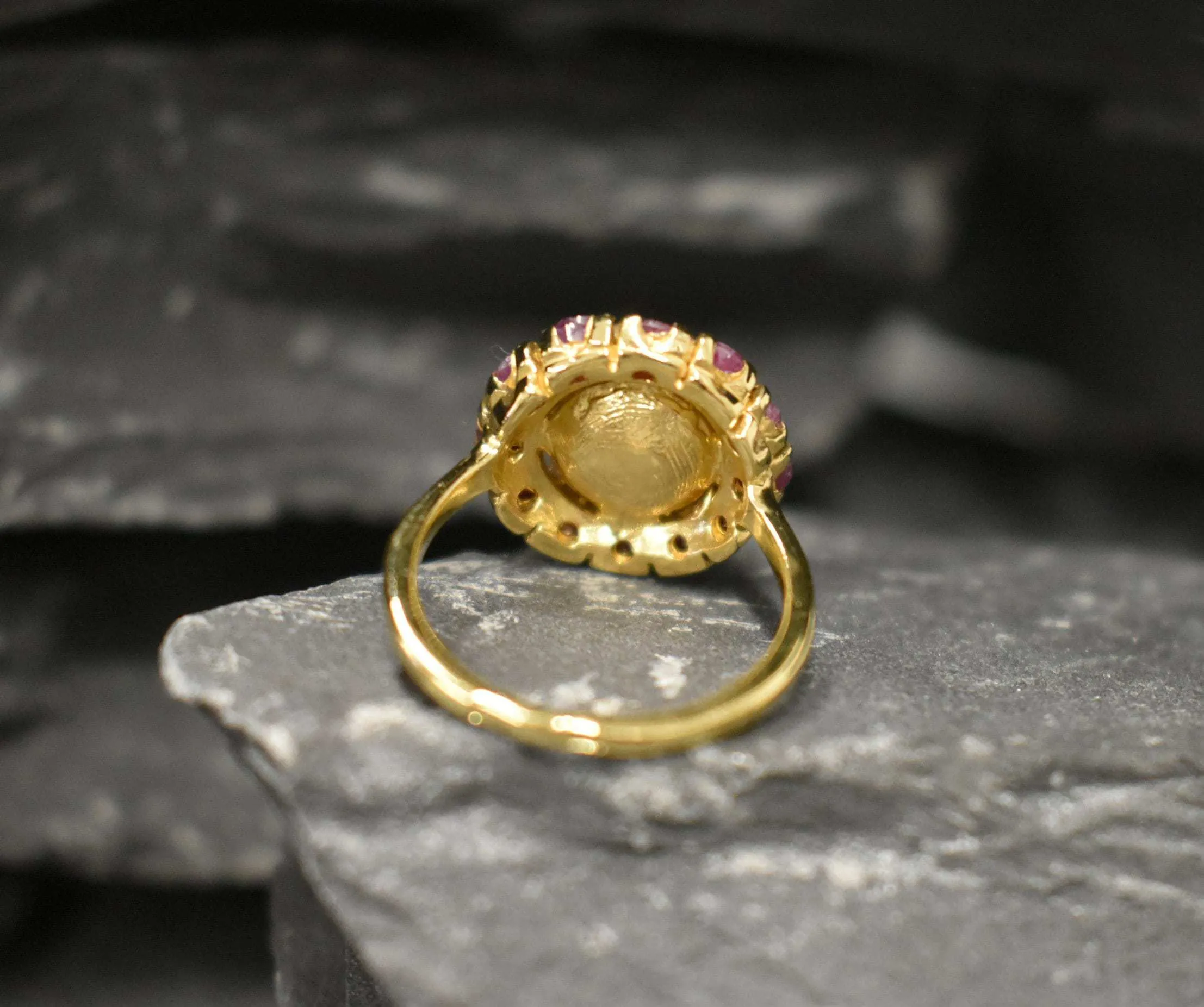 Gold Pearl Ring - Pearl Flower Ring - Natural Ruby Ring