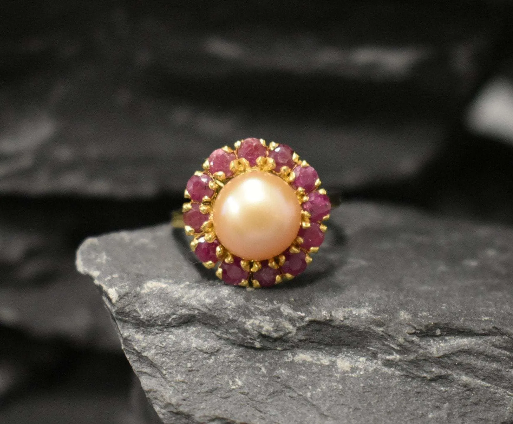 Gold Pearl Ring - Pearl Flower Ring - Natural Ruby Ring