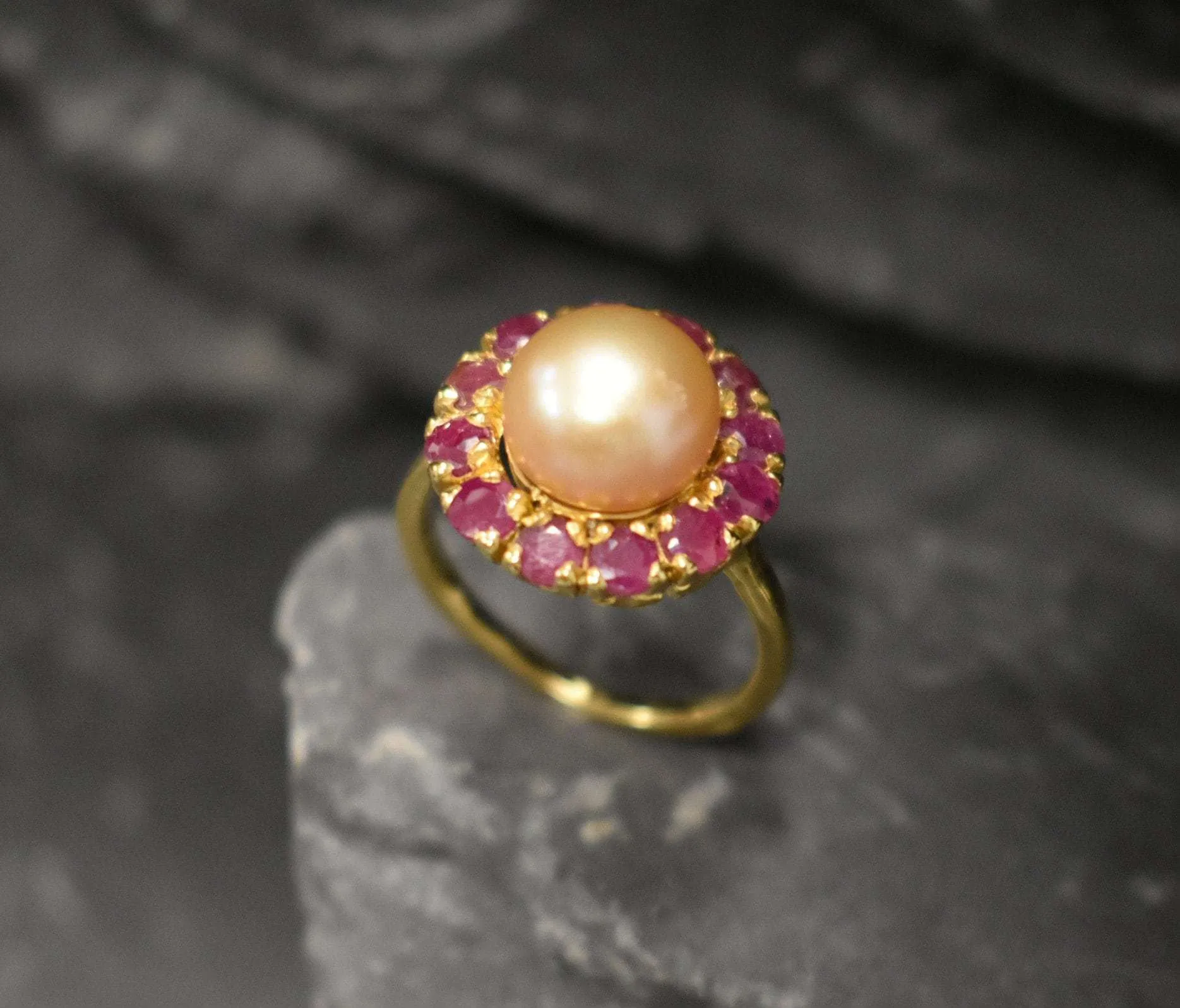 Gold Pearl Ring - Pearl Flower Ring - Natural Ruby Ring