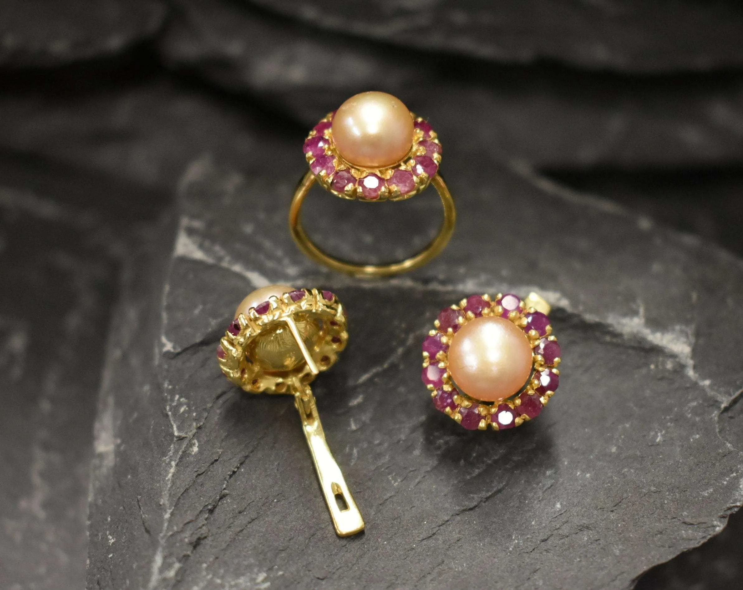 Gold Pearl Ring - Pearl Flower Ring - Natural Ruby Ring