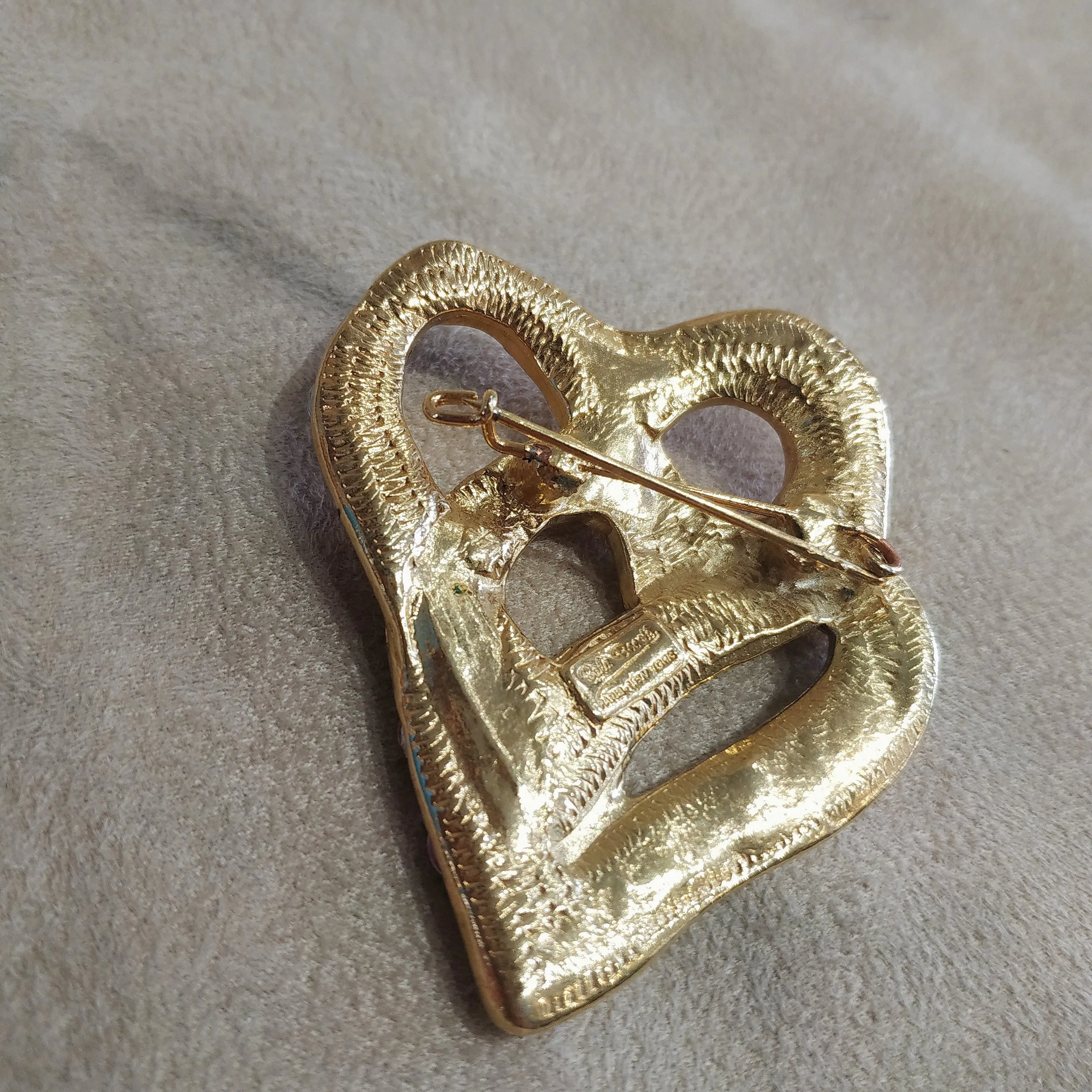 Gold Pink Double Heart Vintage Love Brooch