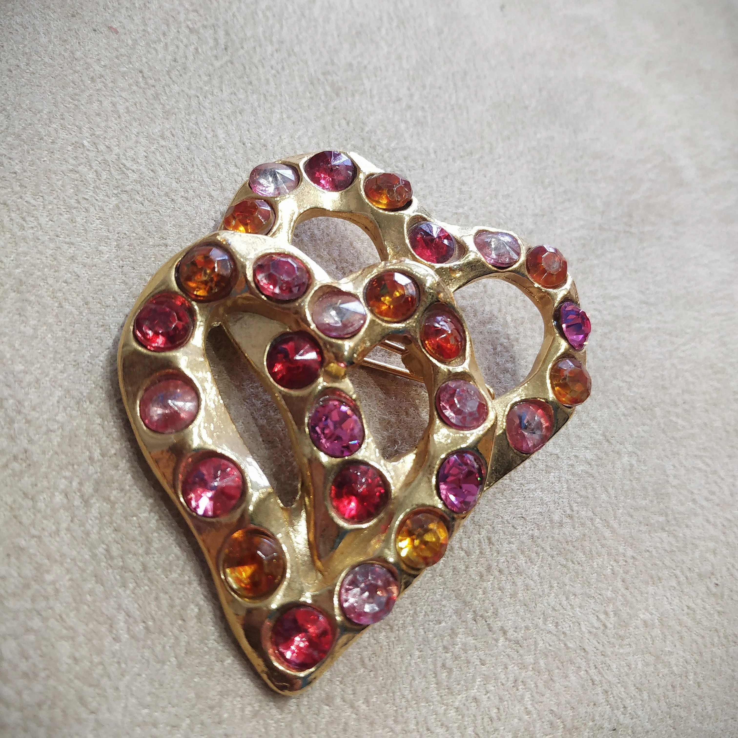 Gold Pink Double Heart Vintage Love Brooch