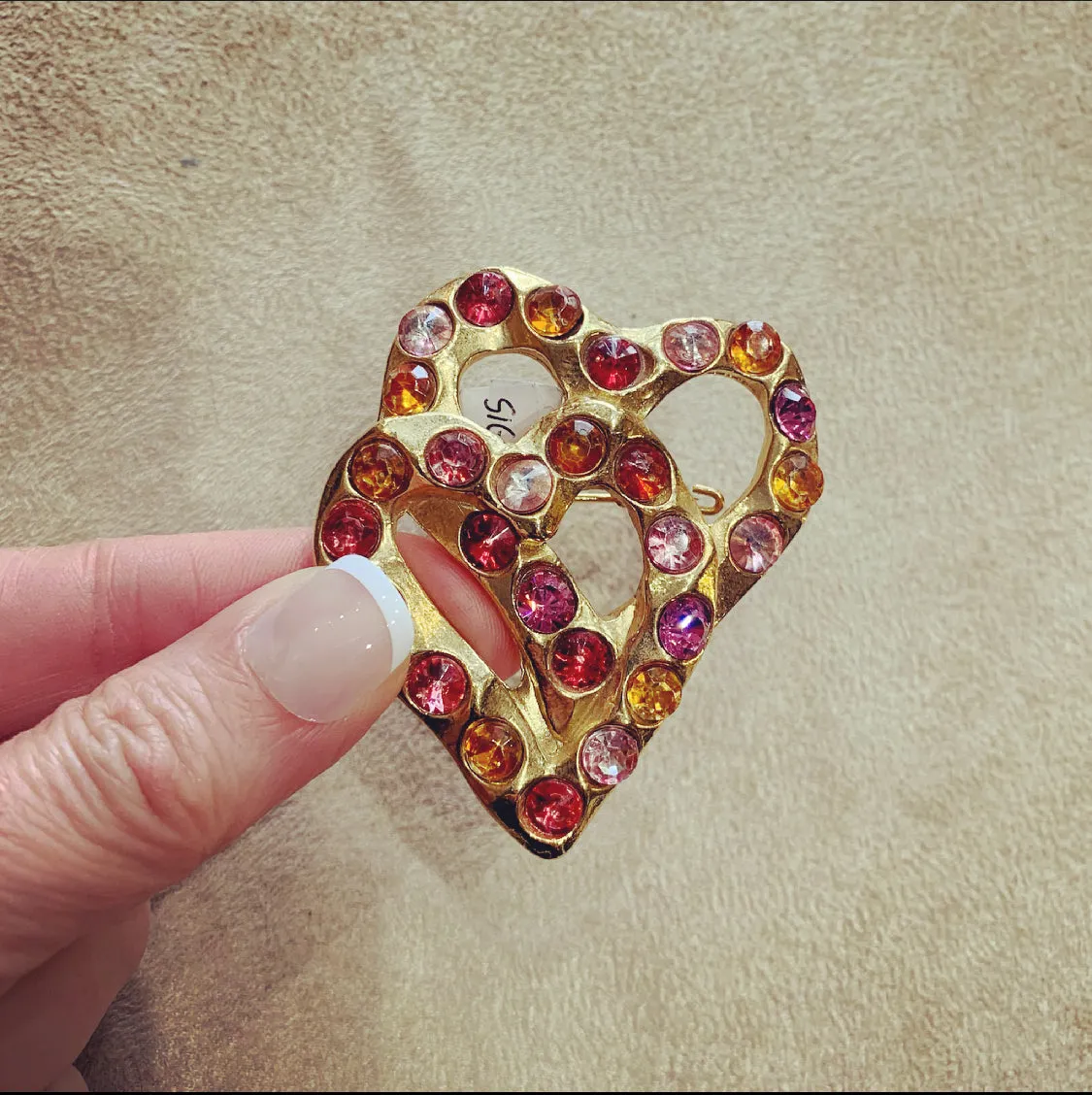 Gold Pink Double Heart Vintage Love Brooch