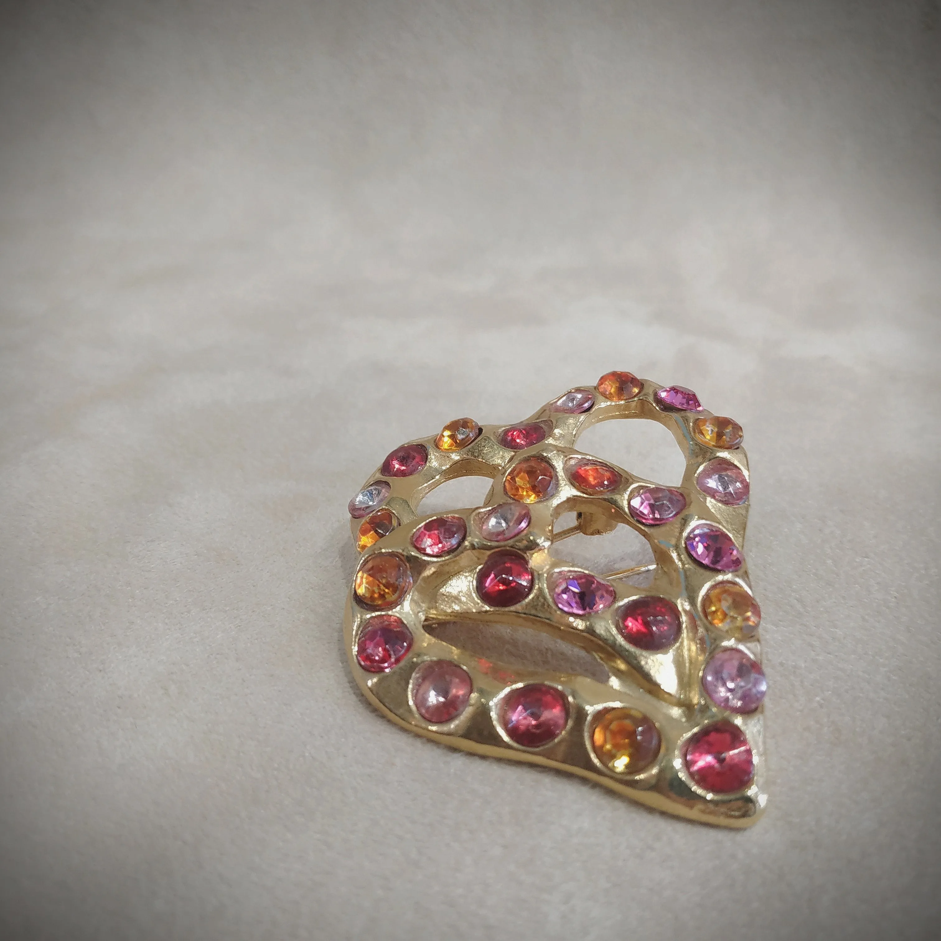 Gold Pink Double Heart Vintage Love Brooch