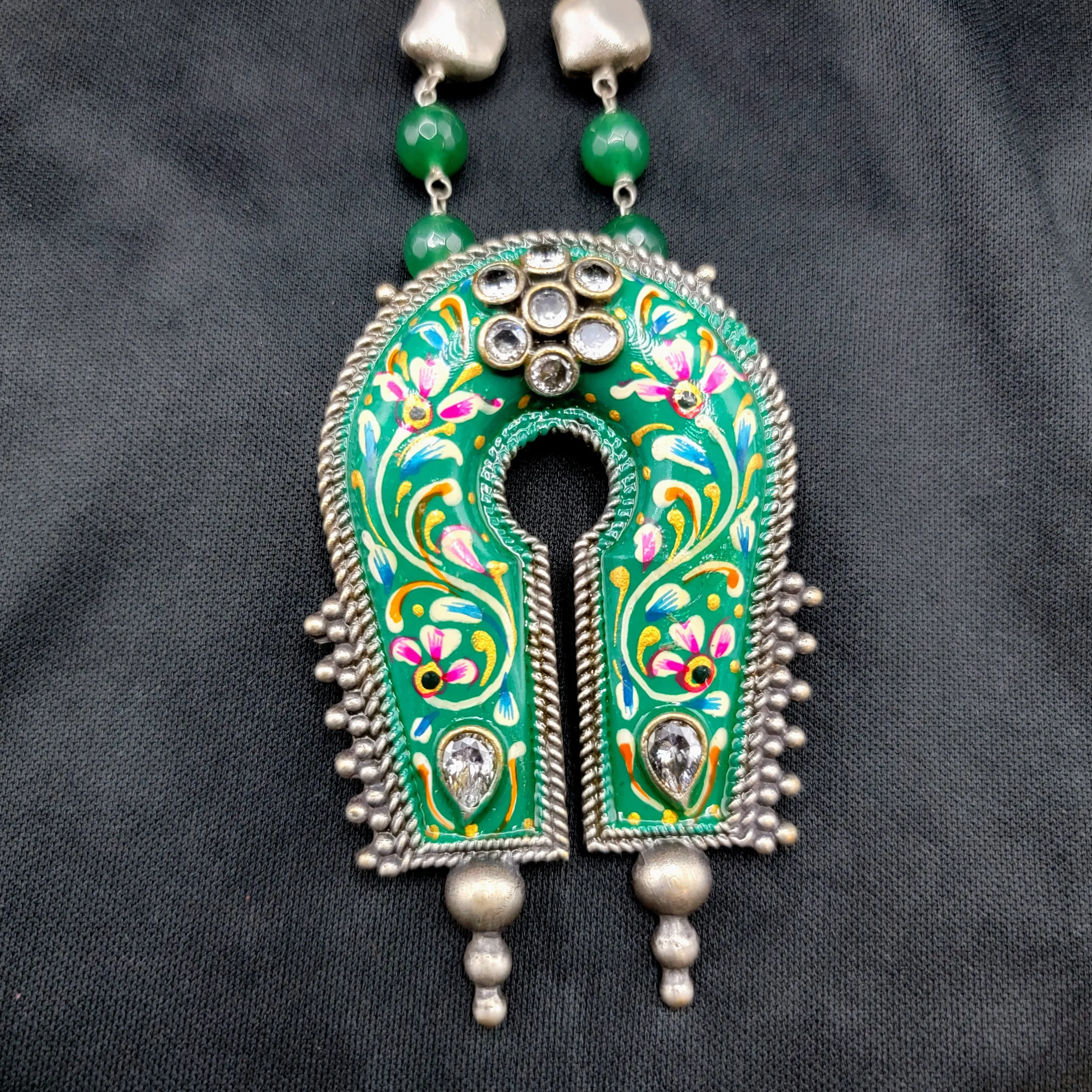 Green Handpainted Meenakari Oxidized German Silver Pearl Necklace Set