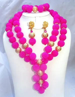 Handmade Pink 2 layers ball African beads with Gold balls Jewellery Set Wedding Party Set