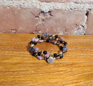 Handmade Spring Bracelet Gold Fan Mauve & Black Bead One Of A Kind