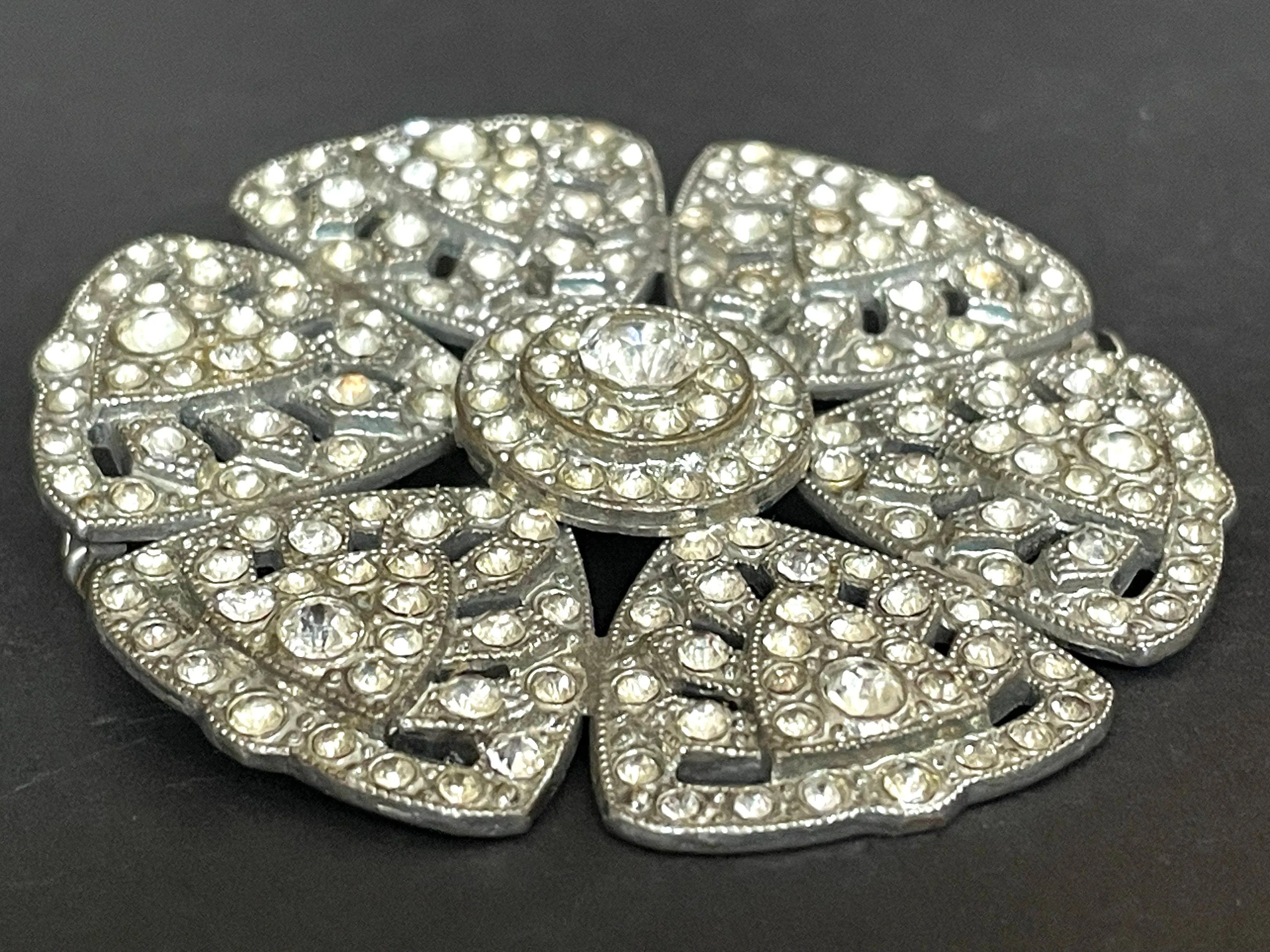 Huge vintage Art Deco paste flower brooch,  with ice clear rhinestones and trombone clasp possibly French, large size