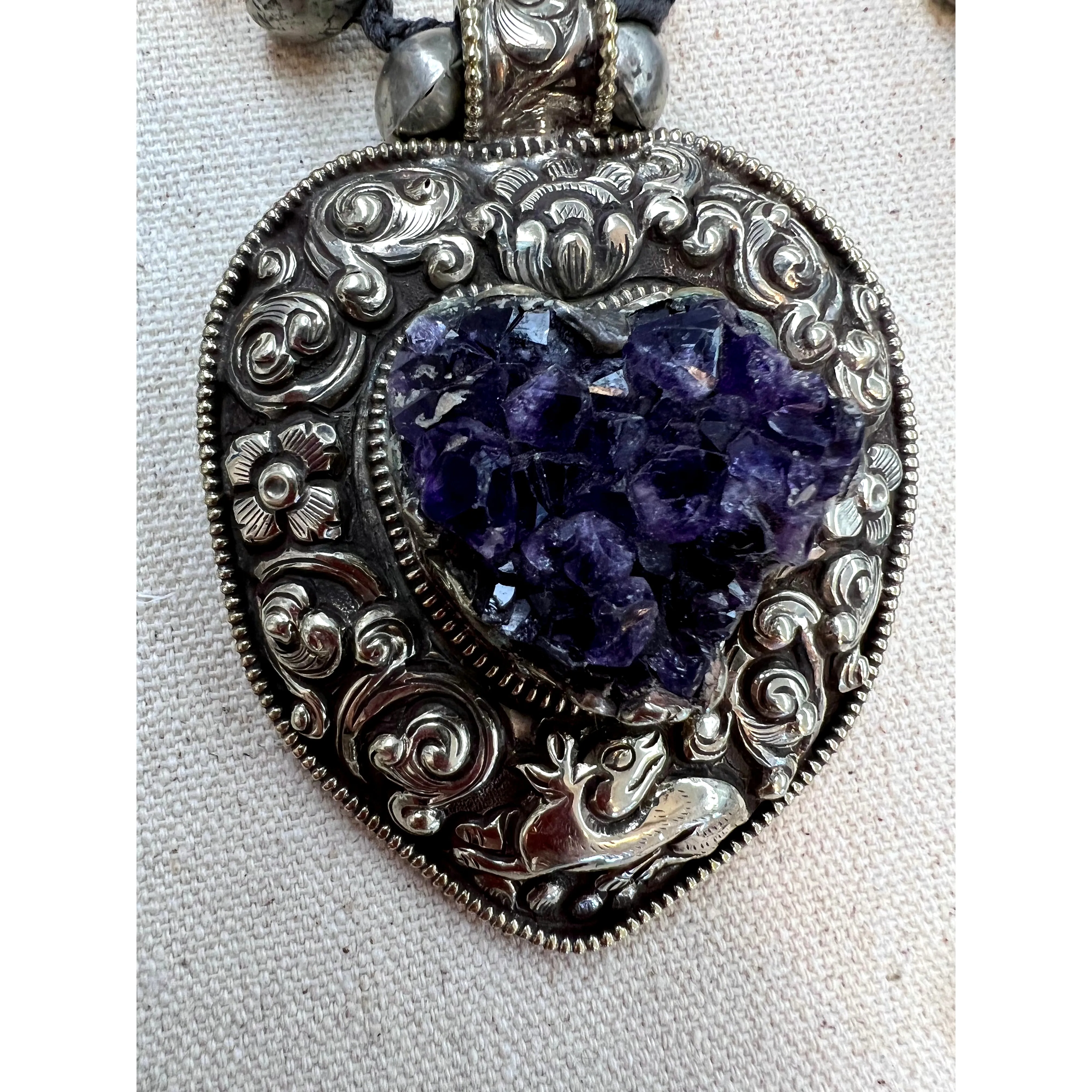 Large Purple Amethist Druzy Heart in Ornate Silver Necklace