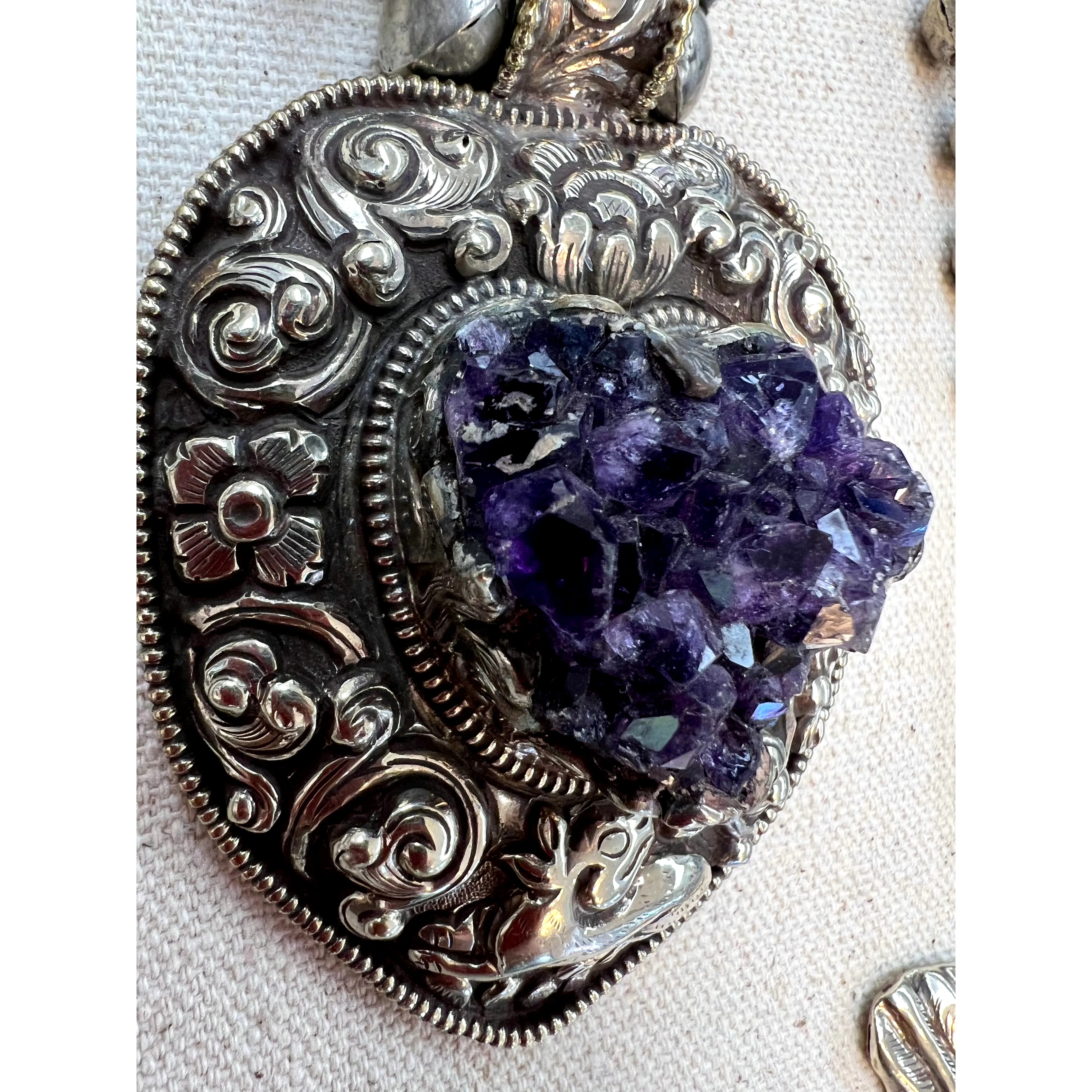 Large Purple Amethist Druzy Heart in Ornate Silver Necklace