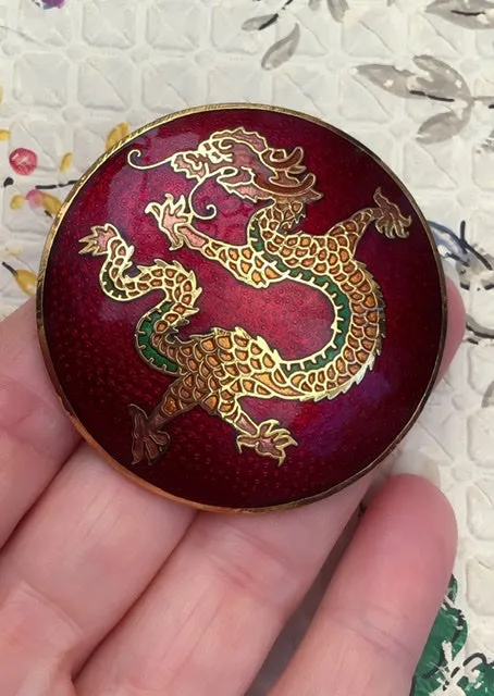 Large Round Vintage Red Enamel Dragon Brooch