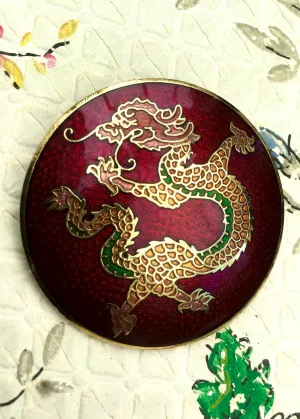 Large Round Vintage Red Enamel Dragon Brooch