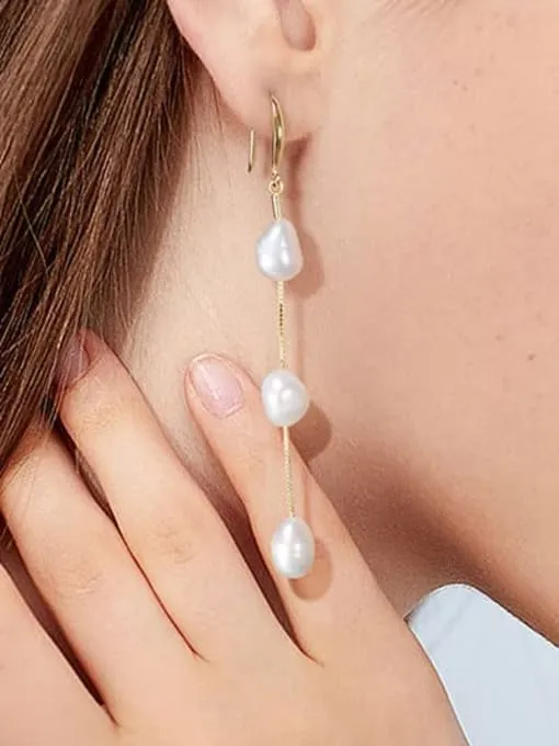 Long Pearl Earrings, 14k Gold Plated .925 Sterling Silver Freshwater Pearl Luxury Statement Earrings