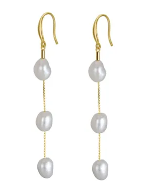 Long Pearl Earrings, 14k Gold Plated .925 Sterling Silver Freshwater Pearl Luxury Statement Earrings