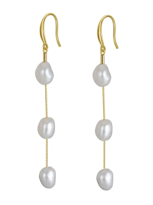 Long Pearl Earrings, 14k Gold Plated .925 Sterling Silver Freshwater Pearl Luxury Statement Earrings