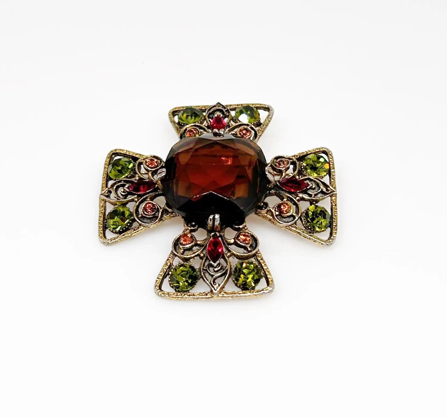 Magnificent Smoked Brown, Olivine Green and Red Capri Cross Brooch