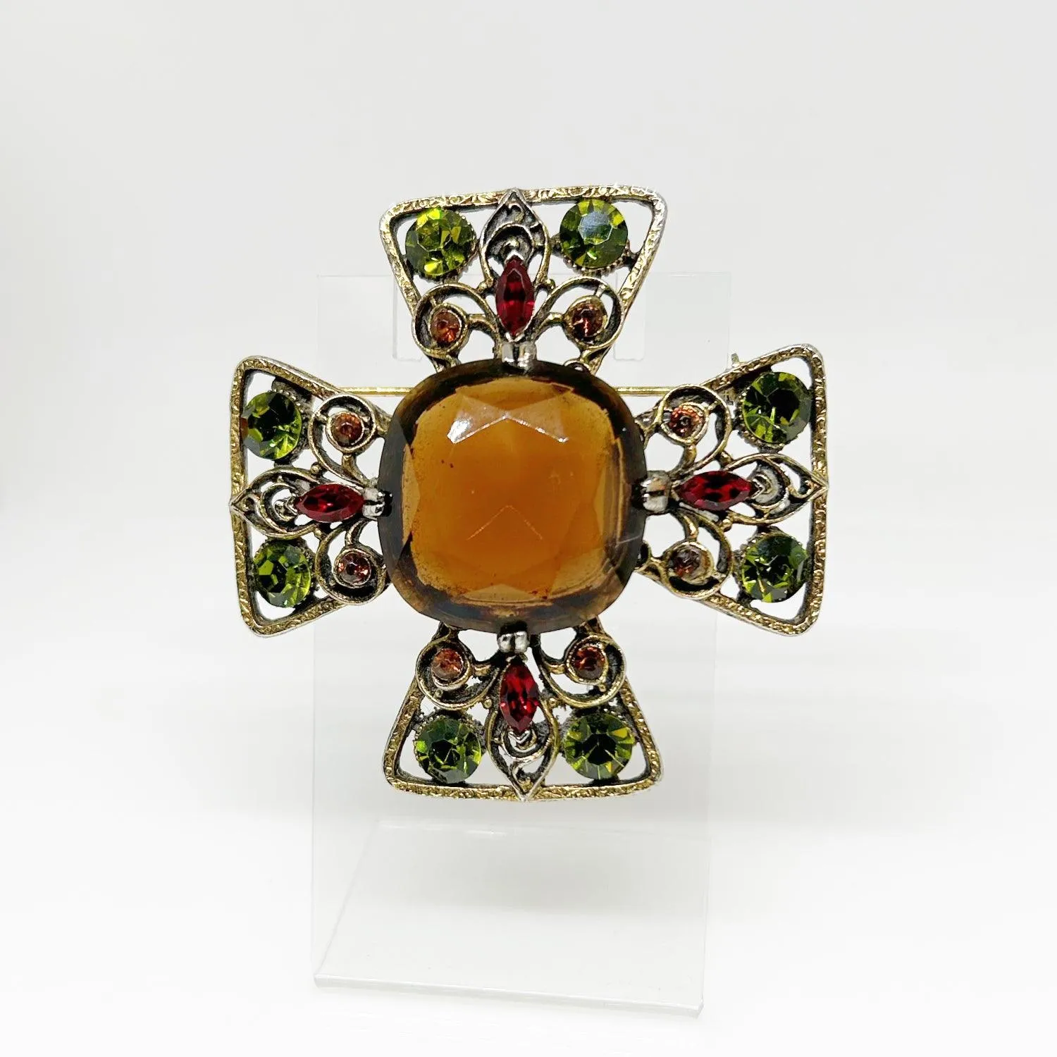 Magnificent Smoked Brown, Olivine Green and Red Capri Cross Brooch