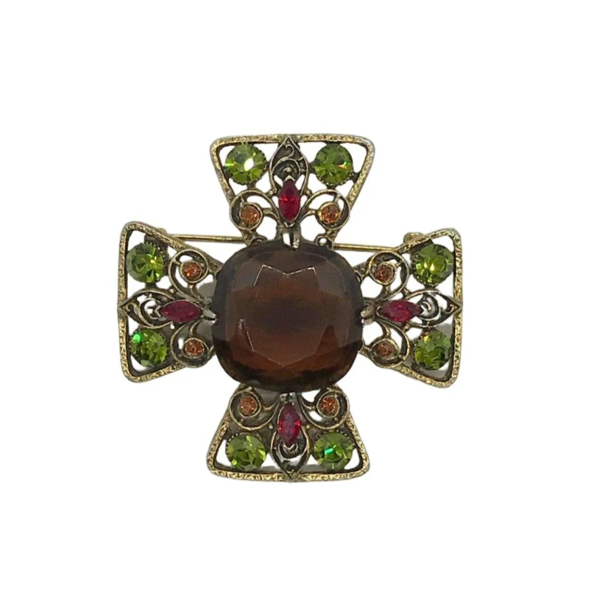 Magnificent Smoked Brown, Olivine Green and Red Capri Cross Brooch