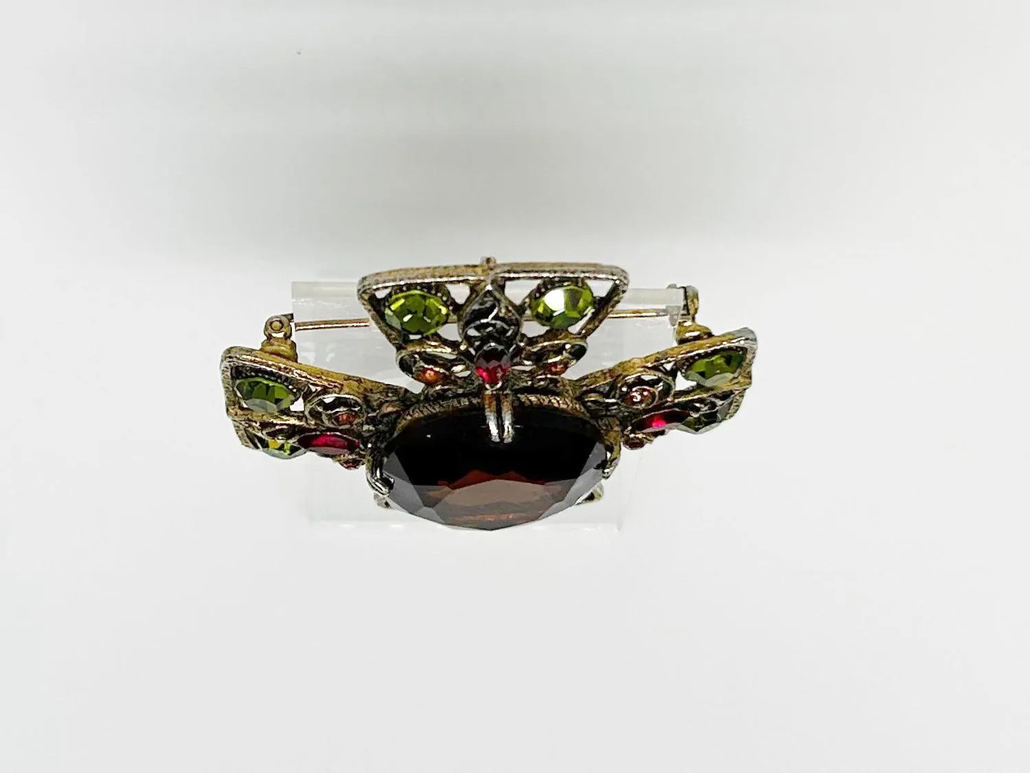 Magnificent Smoked Brown, Olivine Green and Red Capri Cross Brooch