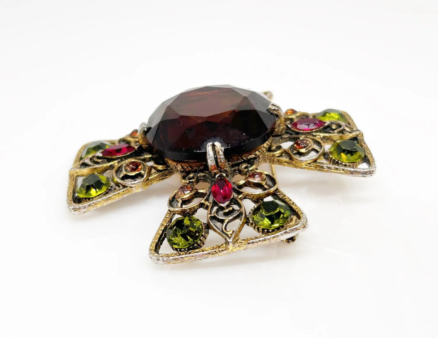 Magnificent Smoked Brown, Olivine Green and Red Capri Cross Brooch