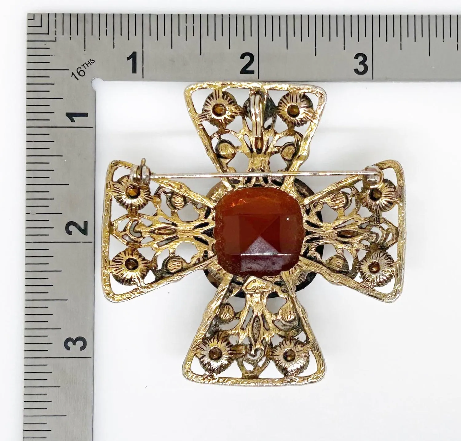 Magnificent Smoked Brown, Olivine Green and Red Capri Cross Brooch