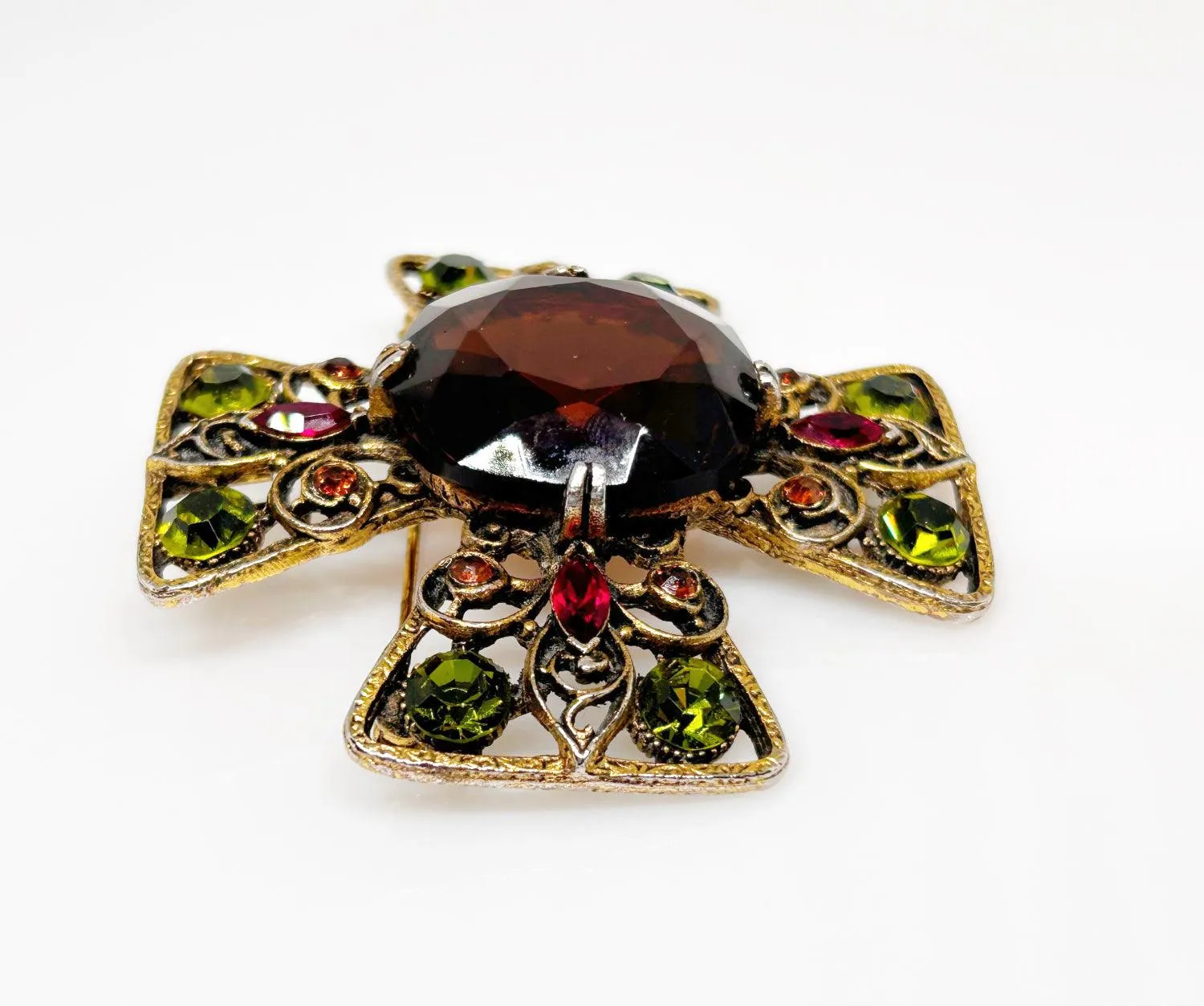 Magnificent Smoked Brown, Olivine Green and Red Capri Cross Brooch