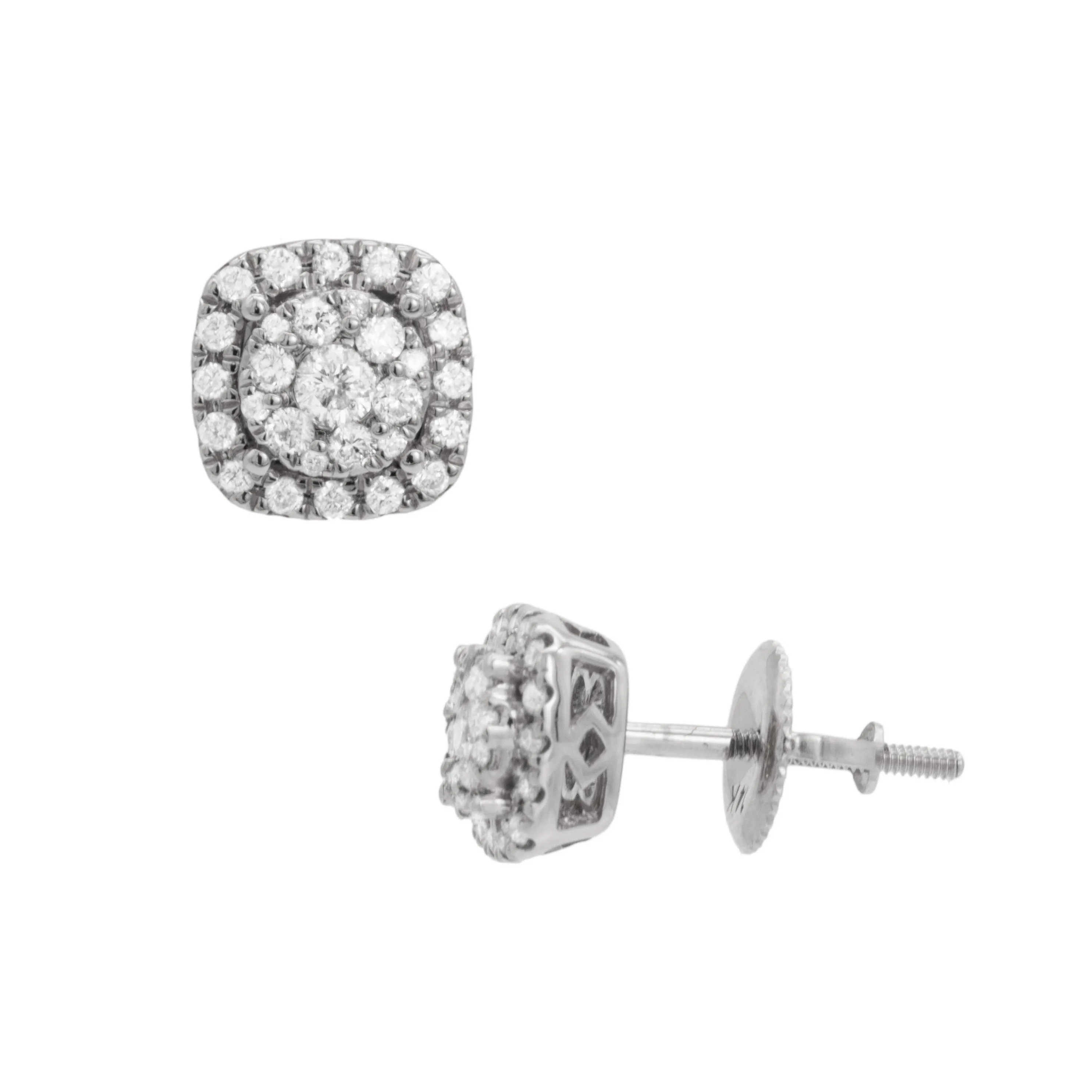 Men's Frame Flower Cluster Diamond Stud Earrings 0.44ct 14K White Gold