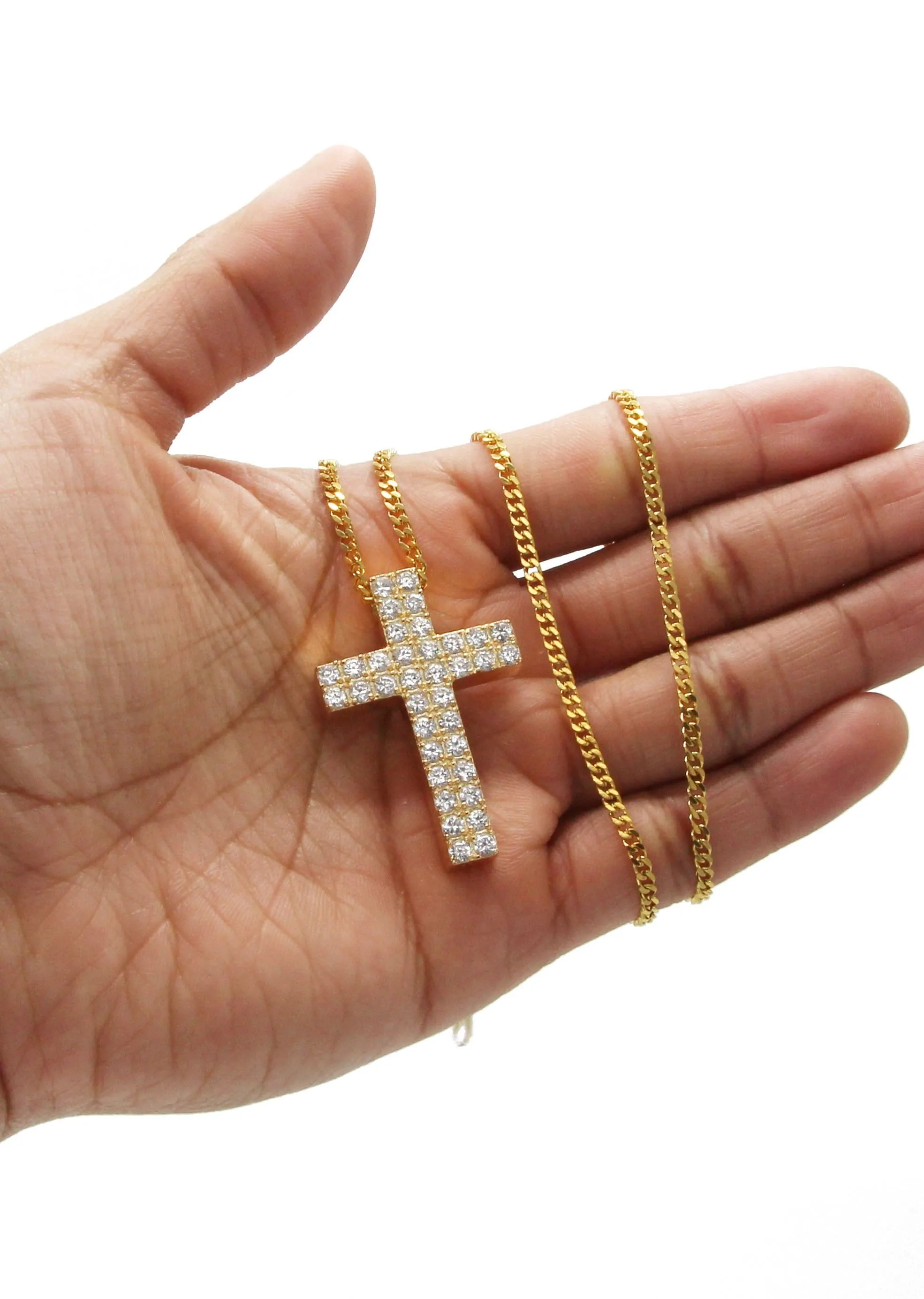 Mens Gold Plated Cuban Link Chain & Cross Pendant | Appx. 20 Grams