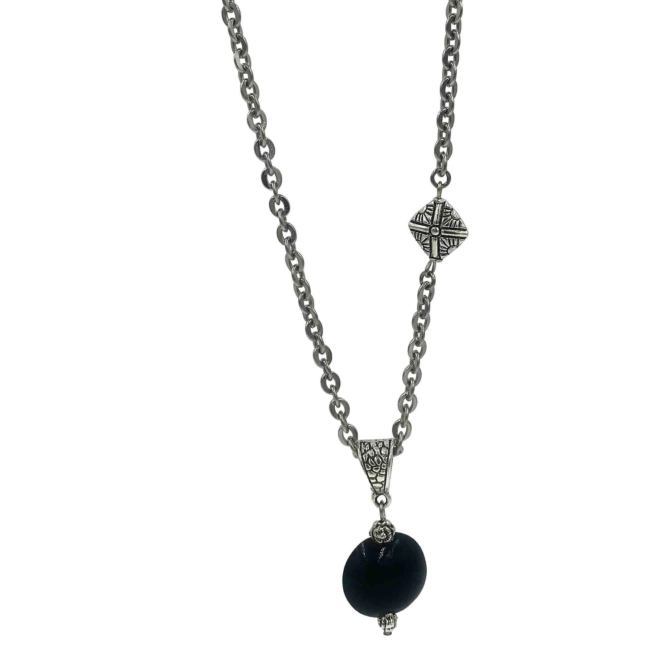 Midnight Blue Golem Pendant Asymmetrical Necklace with Silver Beads