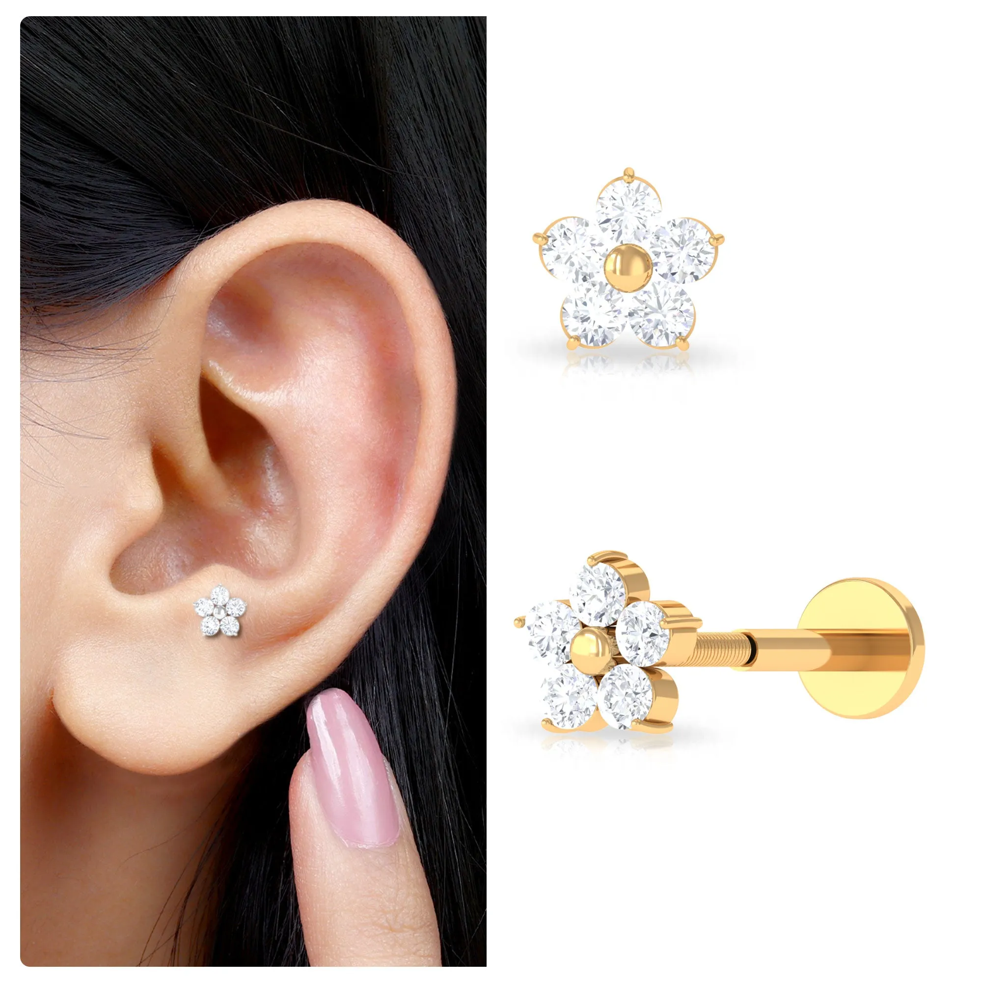 Minimalist Diamond Flower Tragus Earring with Flat Back