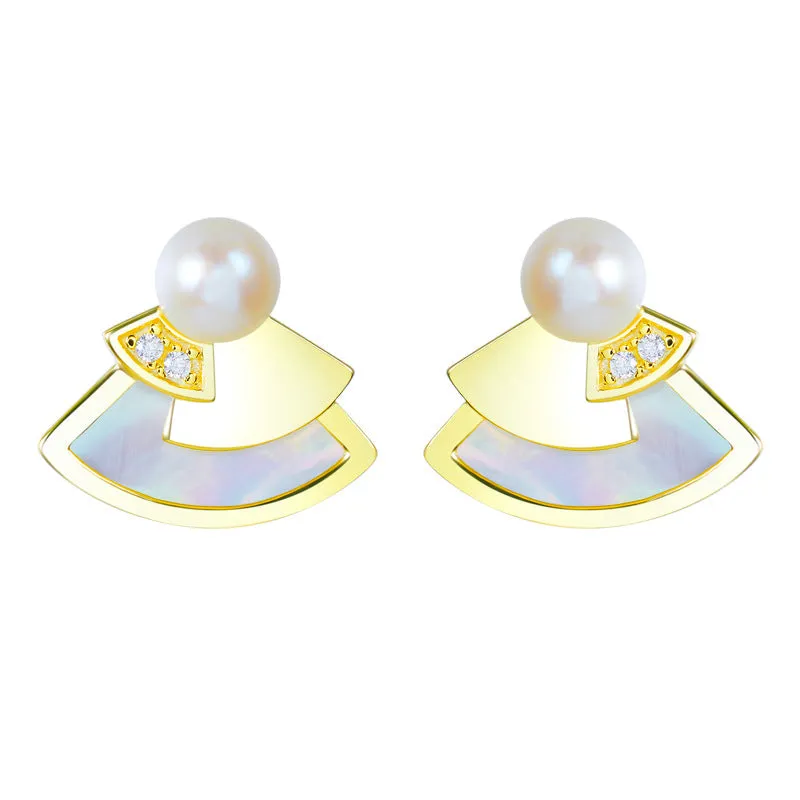 Mother of Pearl Fan Design Pearl Zircon Sterling Silver Stud Earrings