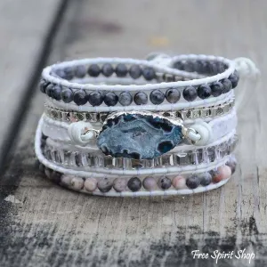 Natural Labradorite, White Jade & Druzy Stone Leather Wrap Bracelet by Free Spirit