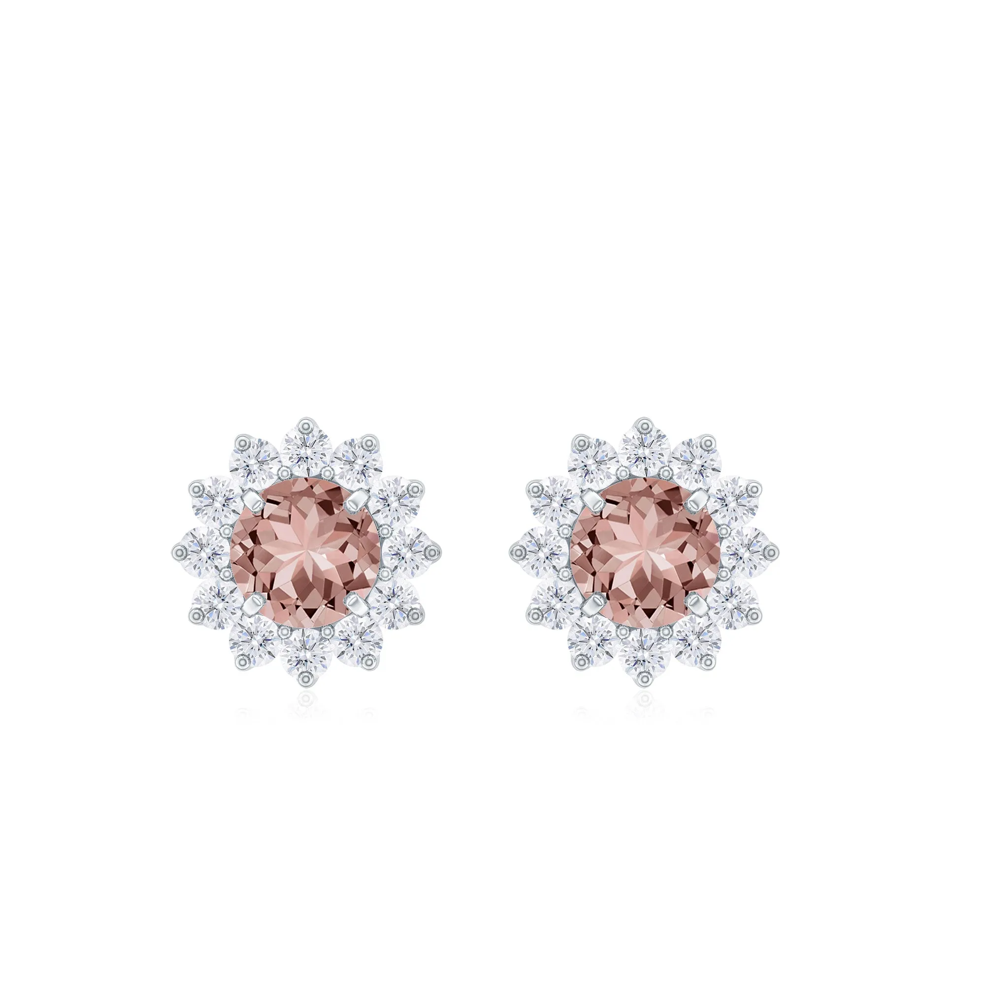 Natural Morganite and Diamond Flower Halo Stud Earrings