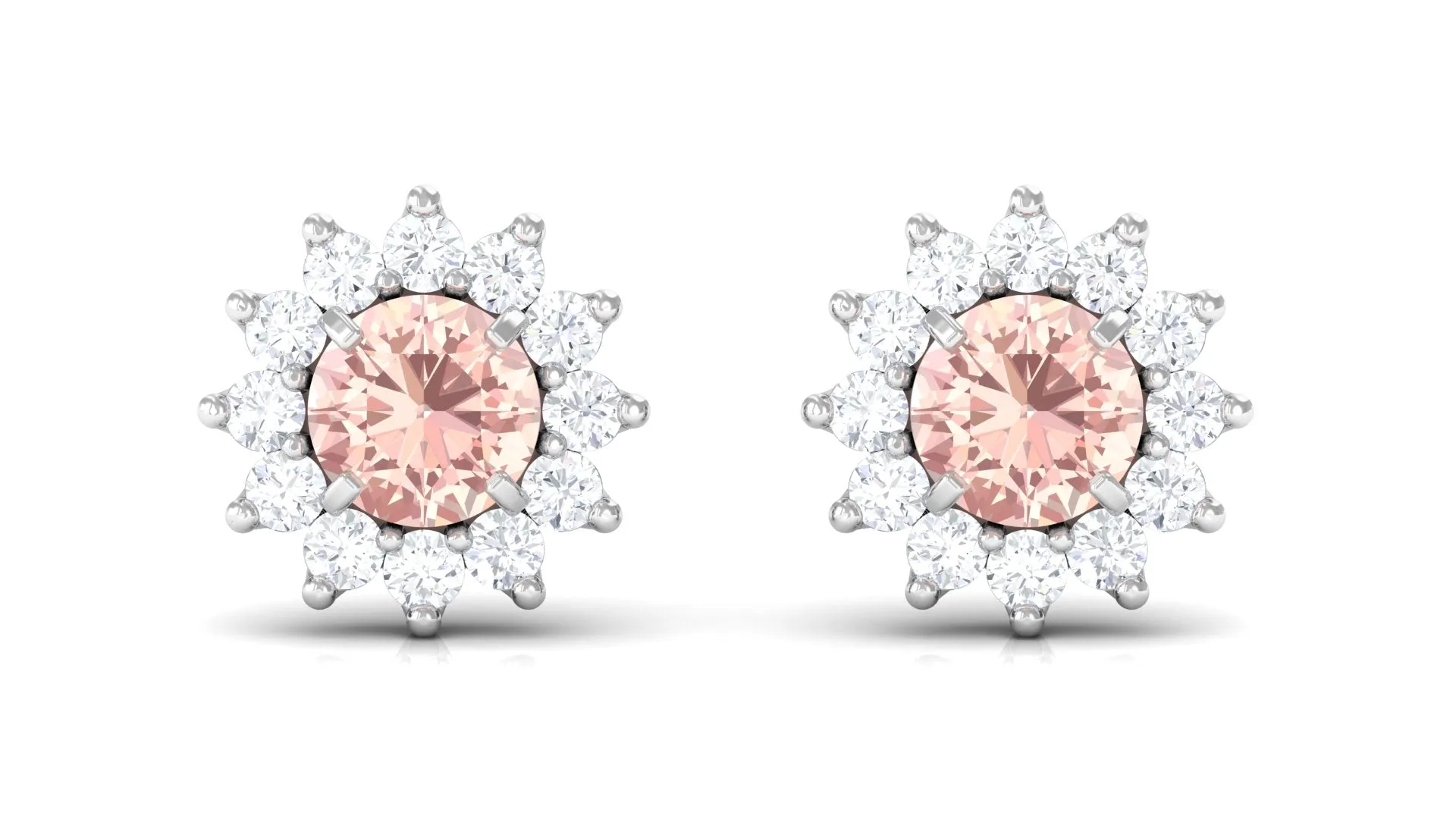 Natural Morganite and Diamond Flower Halo Stud Earrings