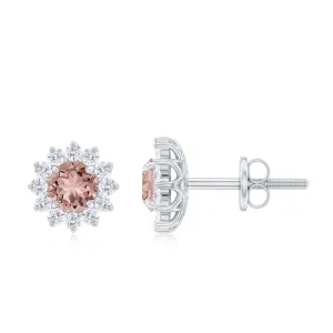 Natural Morganite and Diamond Flower Halo Stud Earrings