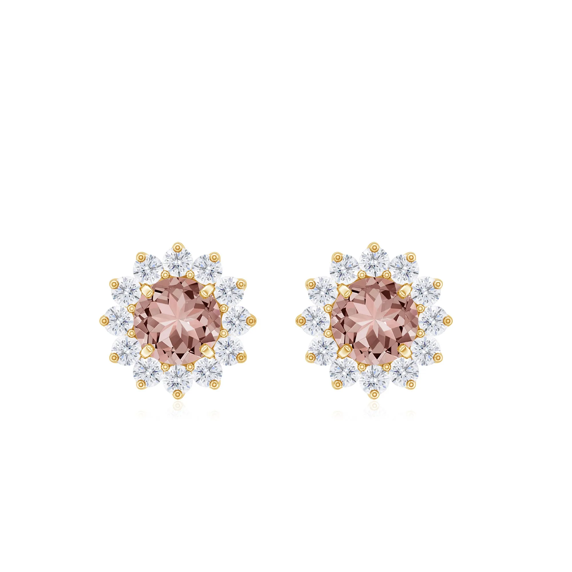 Natural Morganite and Diamond Flower Halo Stud Earrings