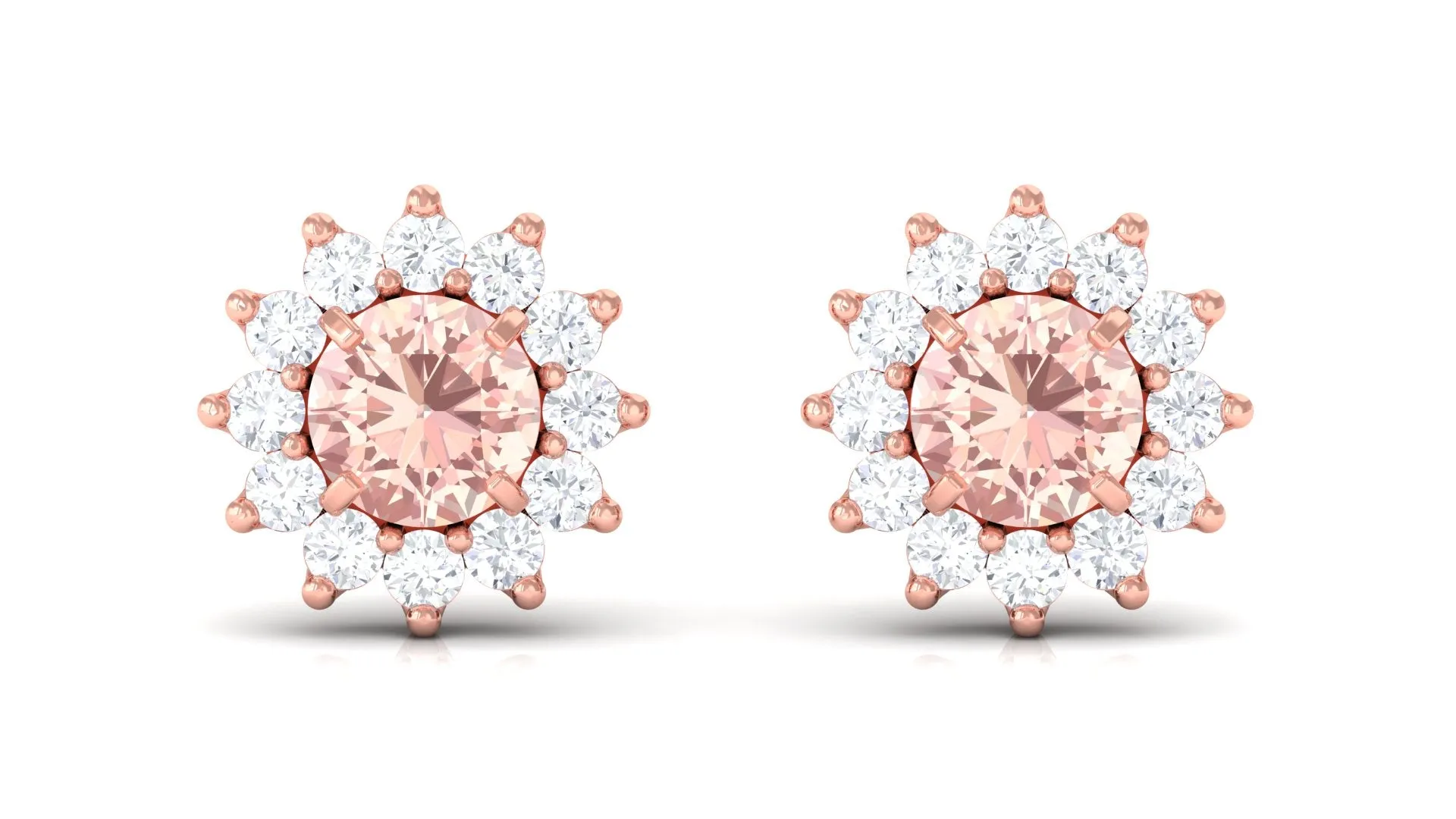 Natural Morganite and Diamond Flower Halo Stud Earrings